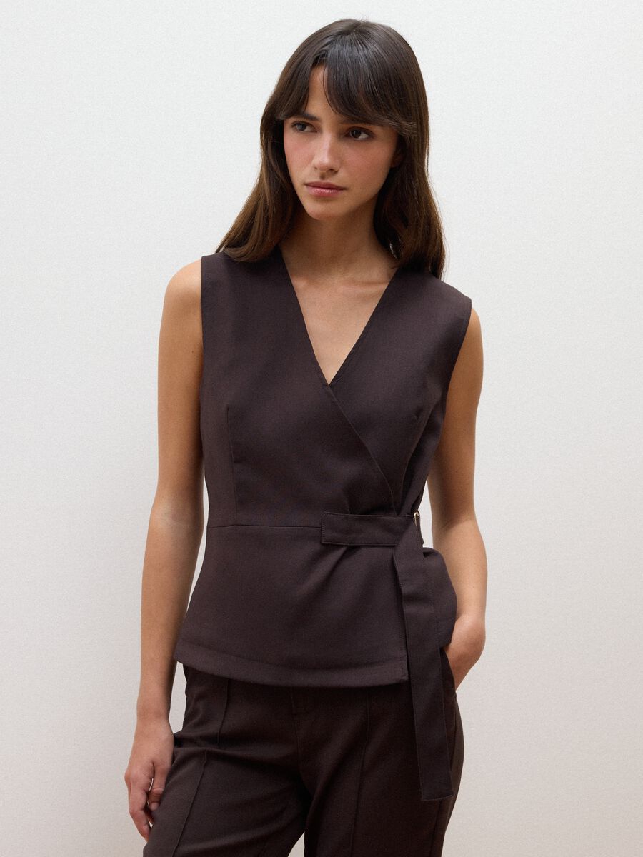 Brown stretch viscose waistcoat with belt_0