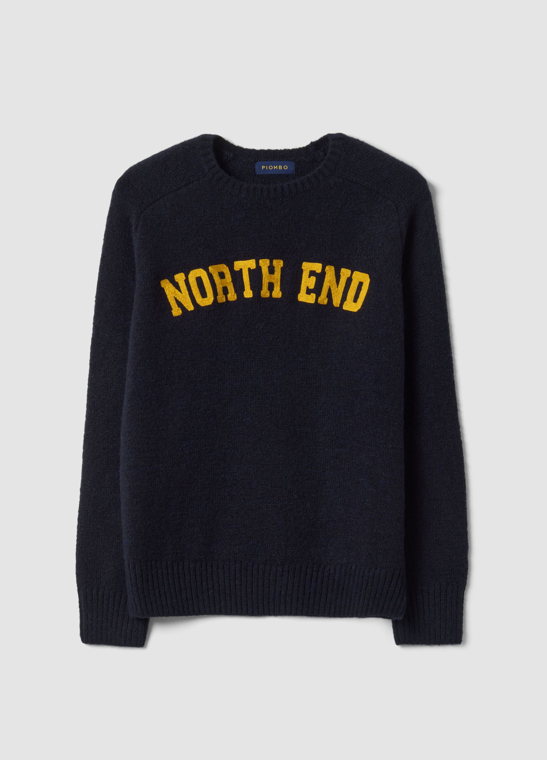 Blue stretch wool crew-neck jumper with print
