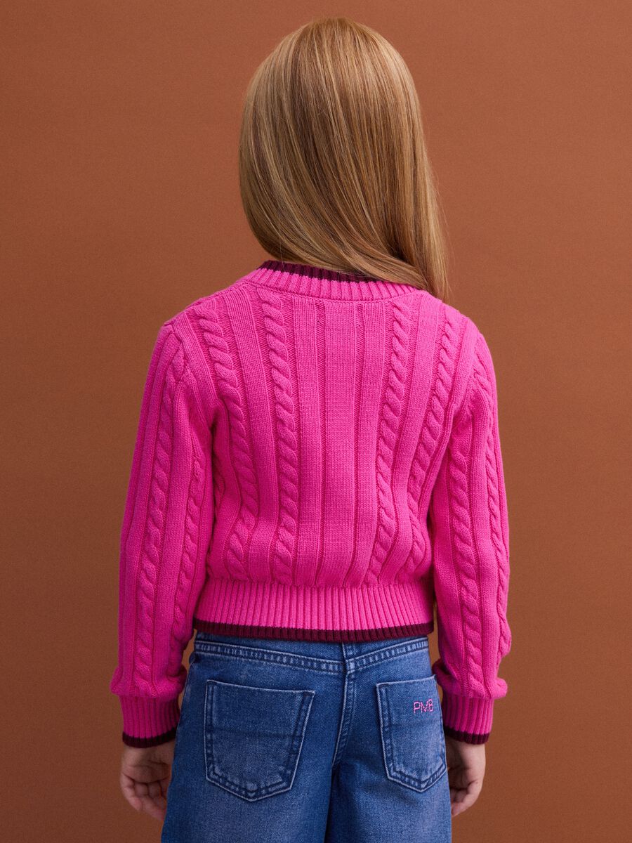 Pink pure cotton cable-knit V-neck jumper for girls_2
