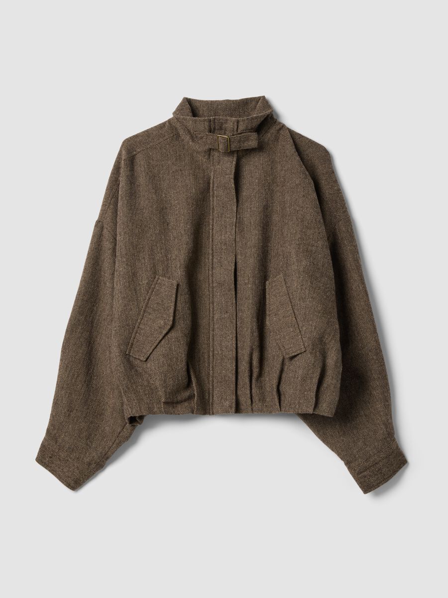 Brown regular zip-up jacket with herringbone pattern_0