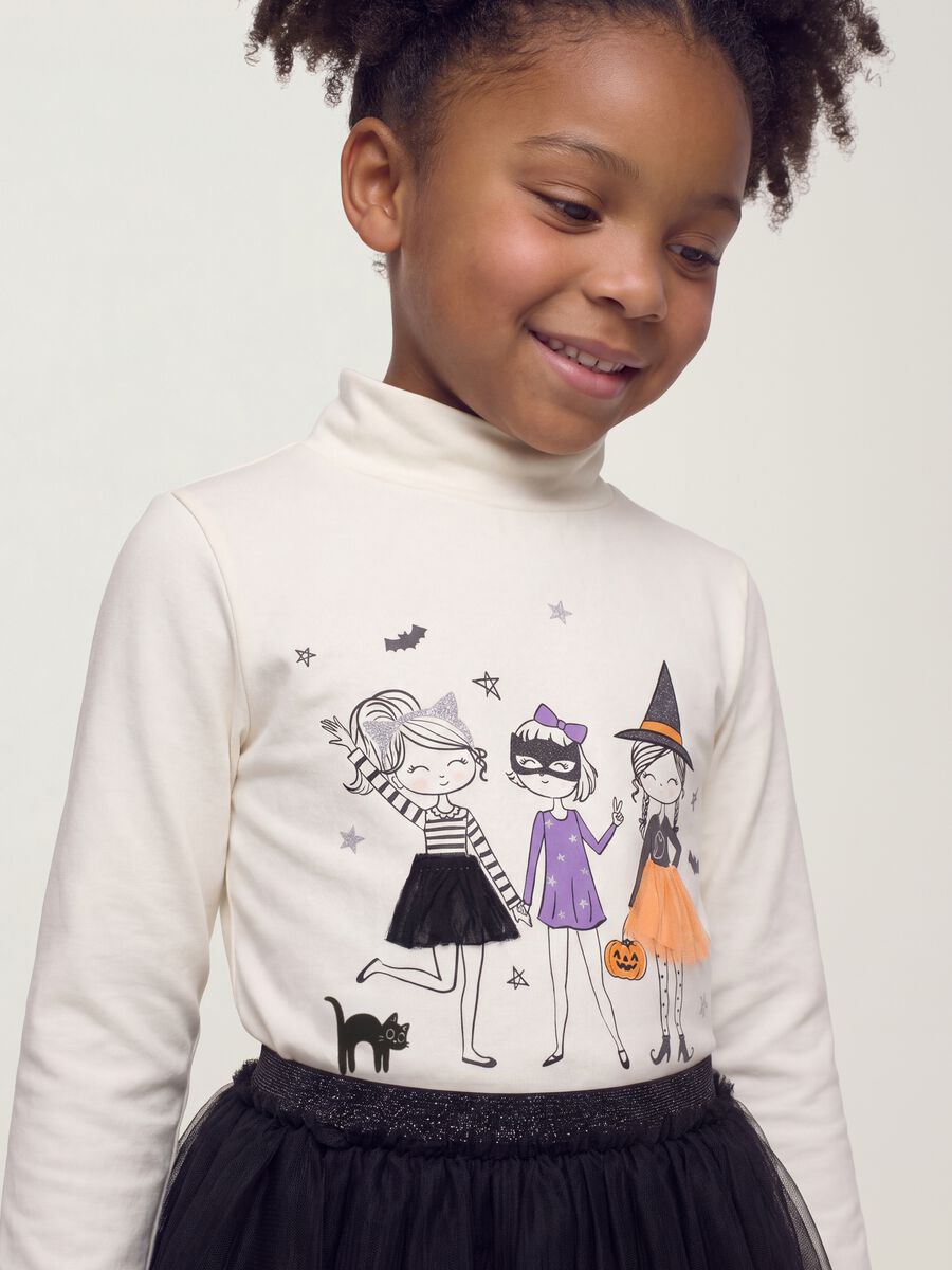 T-shirt bianca in cotone elasticizzato con Collo rialzato_2