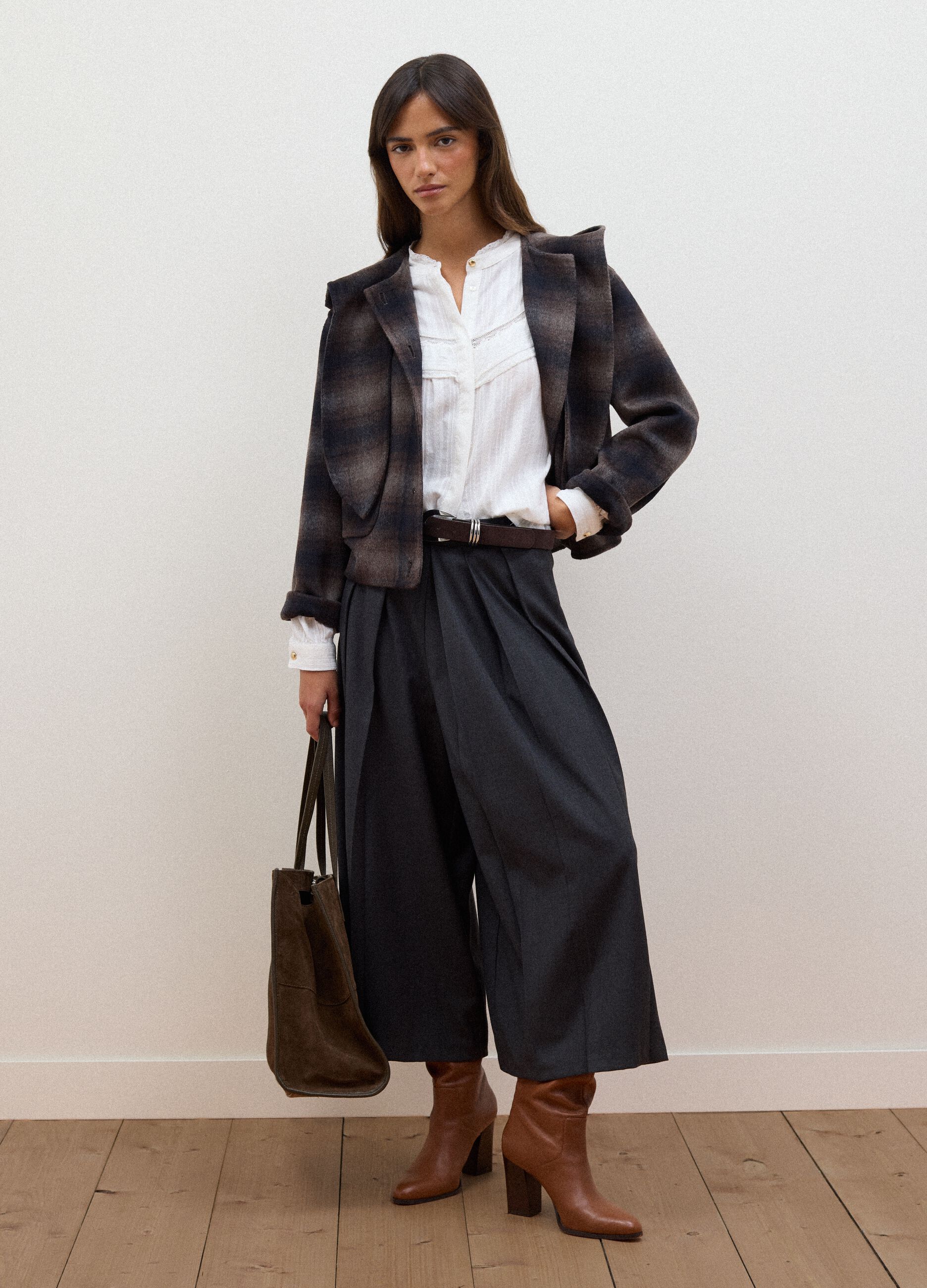 Grey pleated stretch viscose culotte skirt