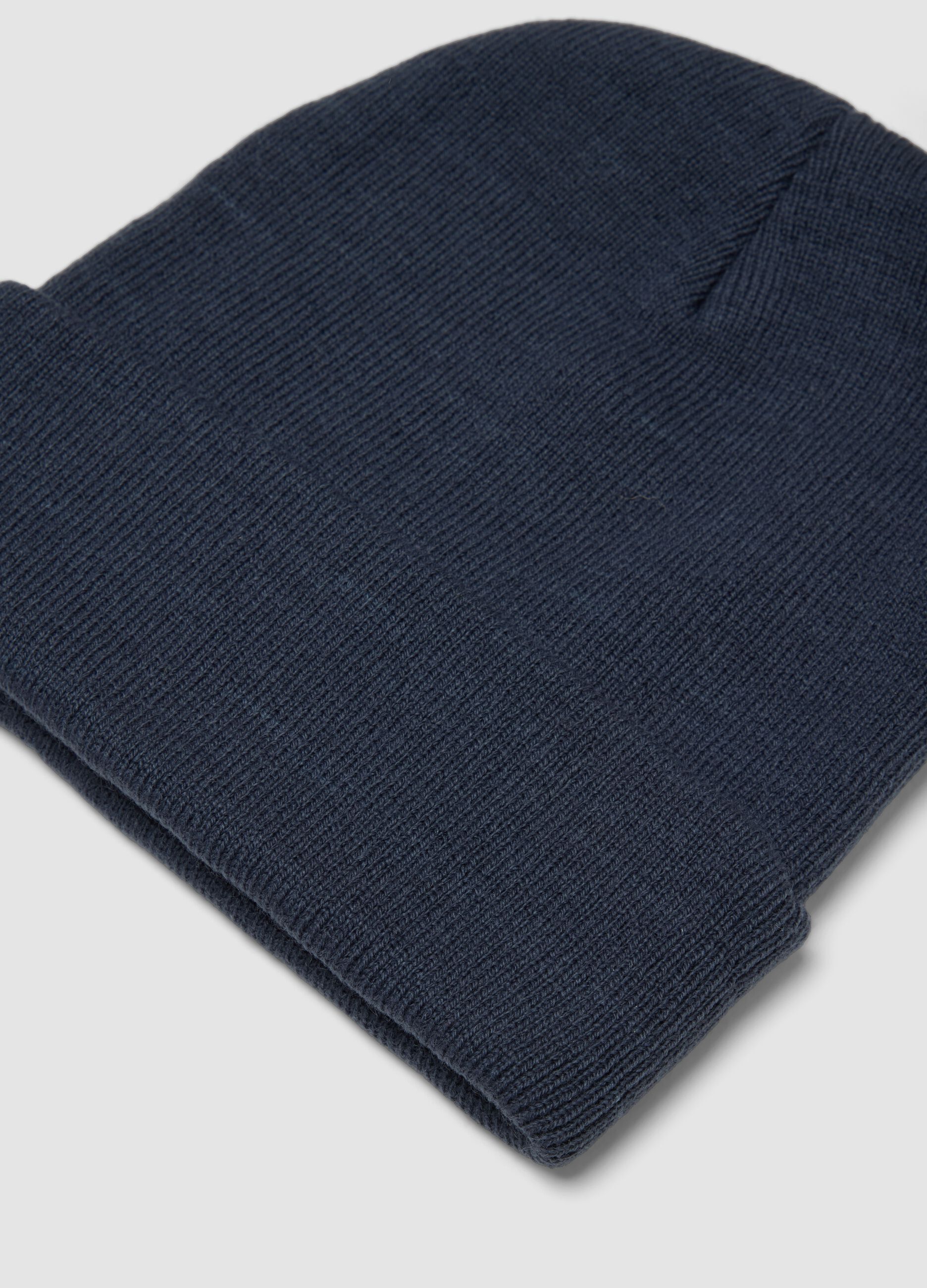 Blue jersey knit beanie with turn-up