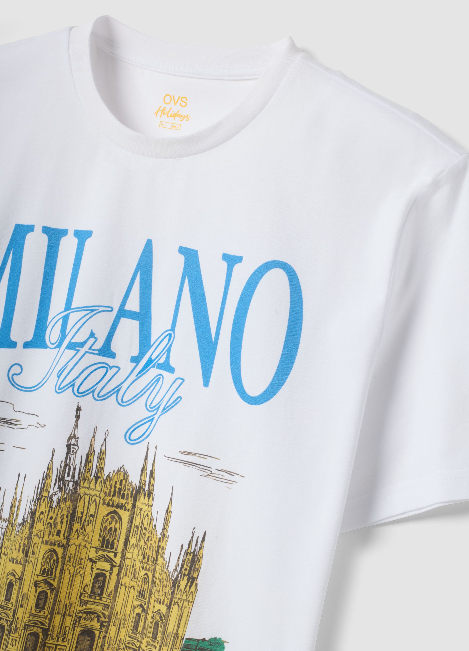 White pure cotton T-shirt with front print, regular fit