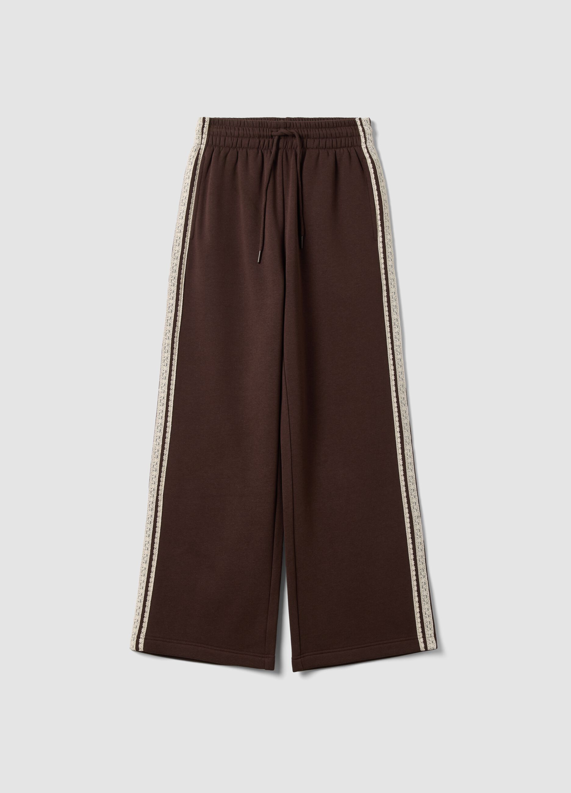 Brown cotton-blend wide-leg trousers with lace detailing