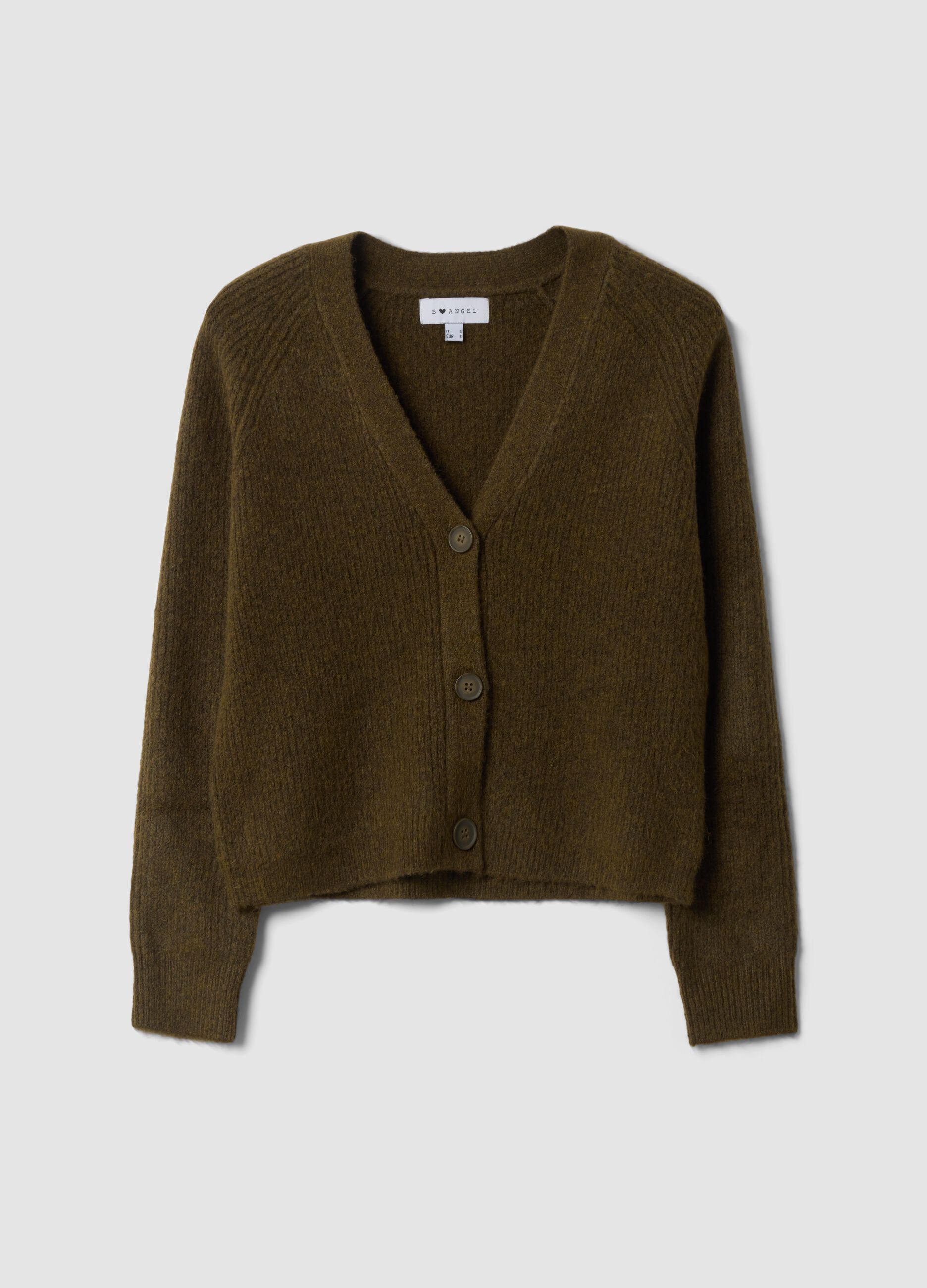 Green stretch wool cardigan with deep V-neck, oversized fit