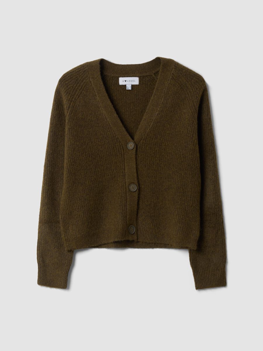 Green stretch wool cardigan with deep V-neck, oversized fit_0