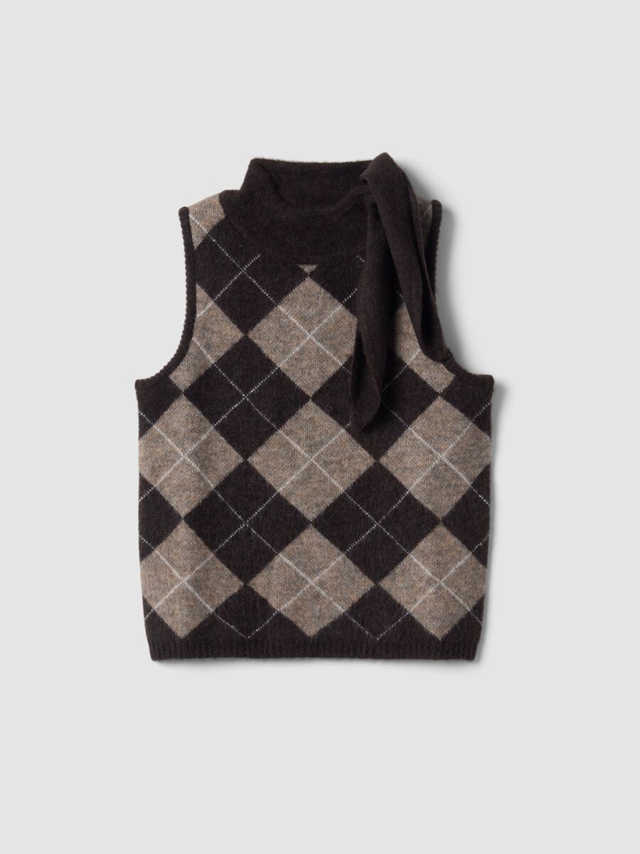Brown stretch wool gilet with stand collar_0