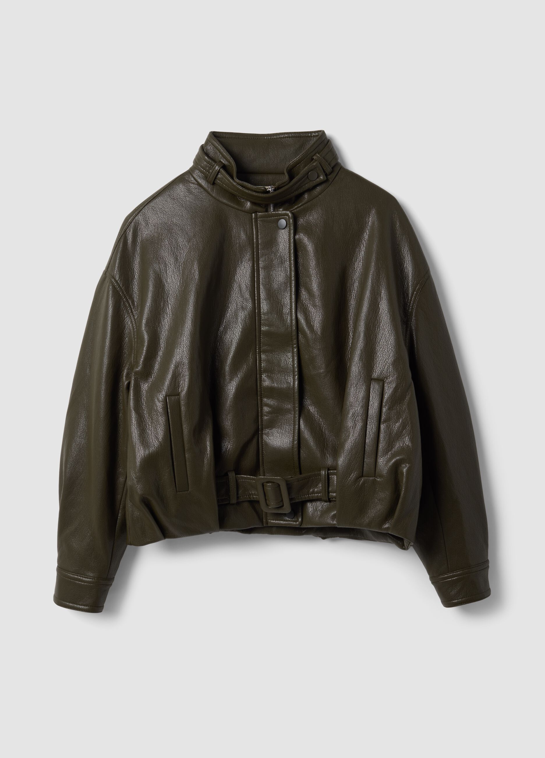 Green viscose-blend jacket with zip and belt