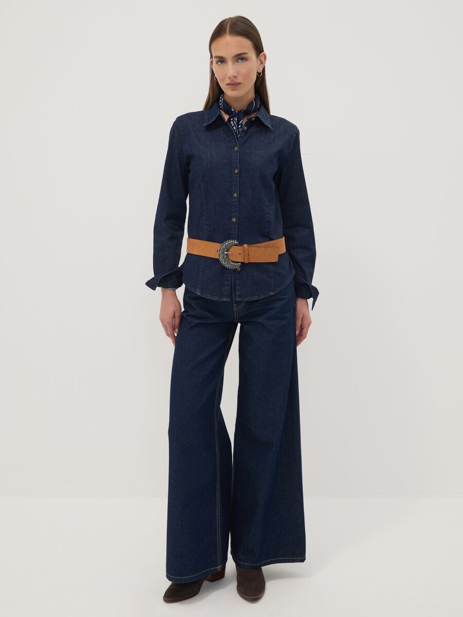Dark blue slim-fit stretch cotton denim shirt_2