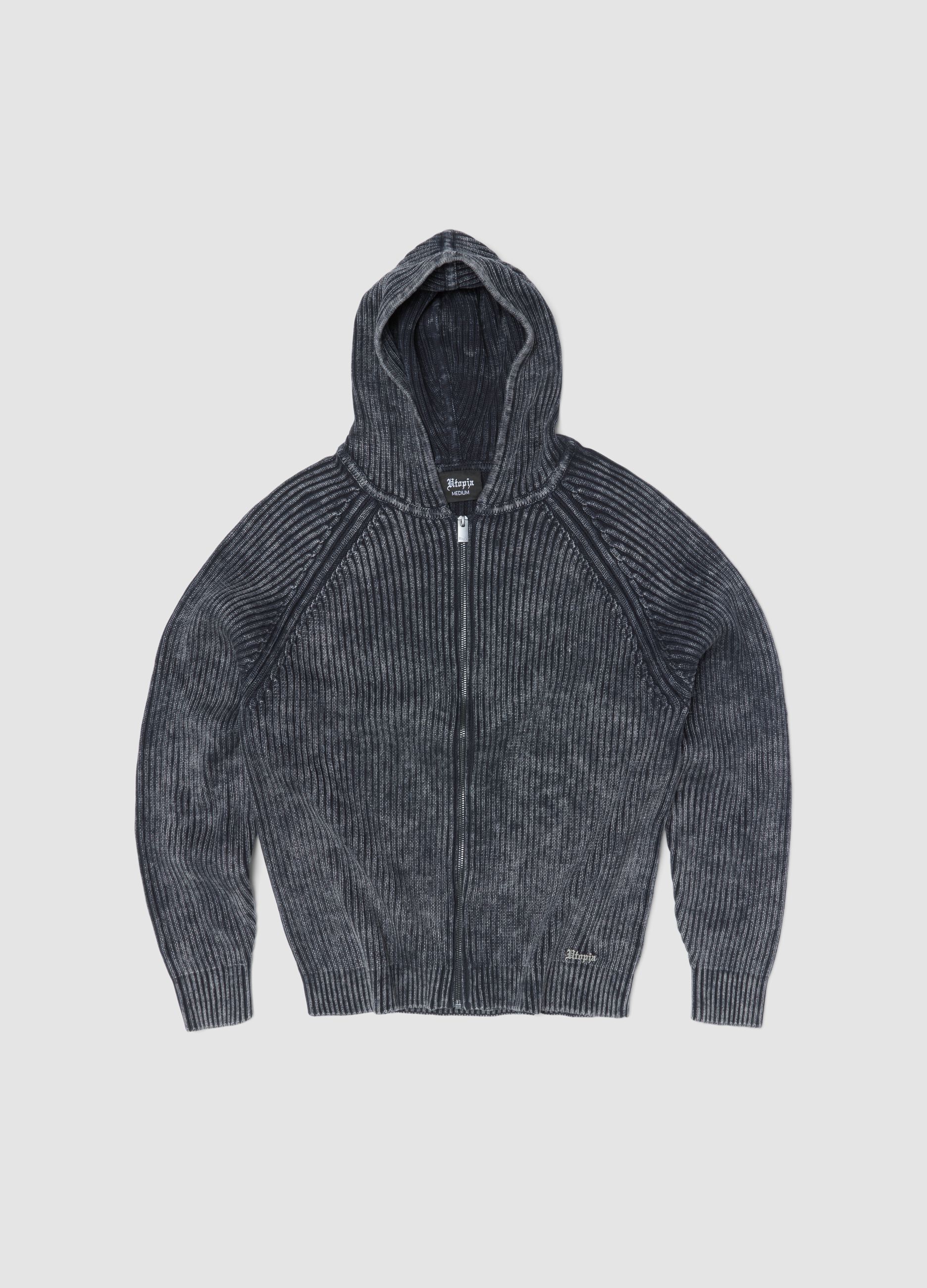 Vintage Grey Ribbed Knit Hoodie
