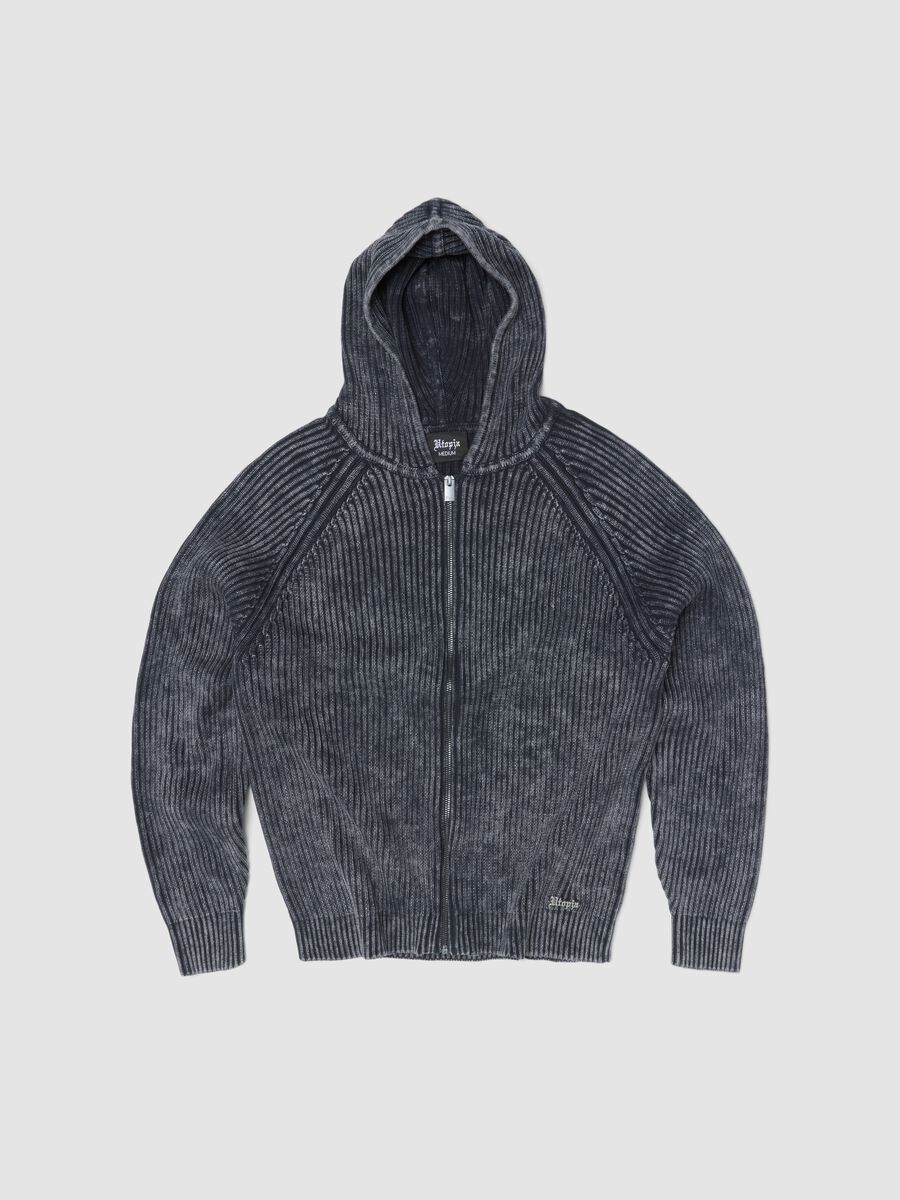 Vintage Grey Ribbed Knit Hoodie_0