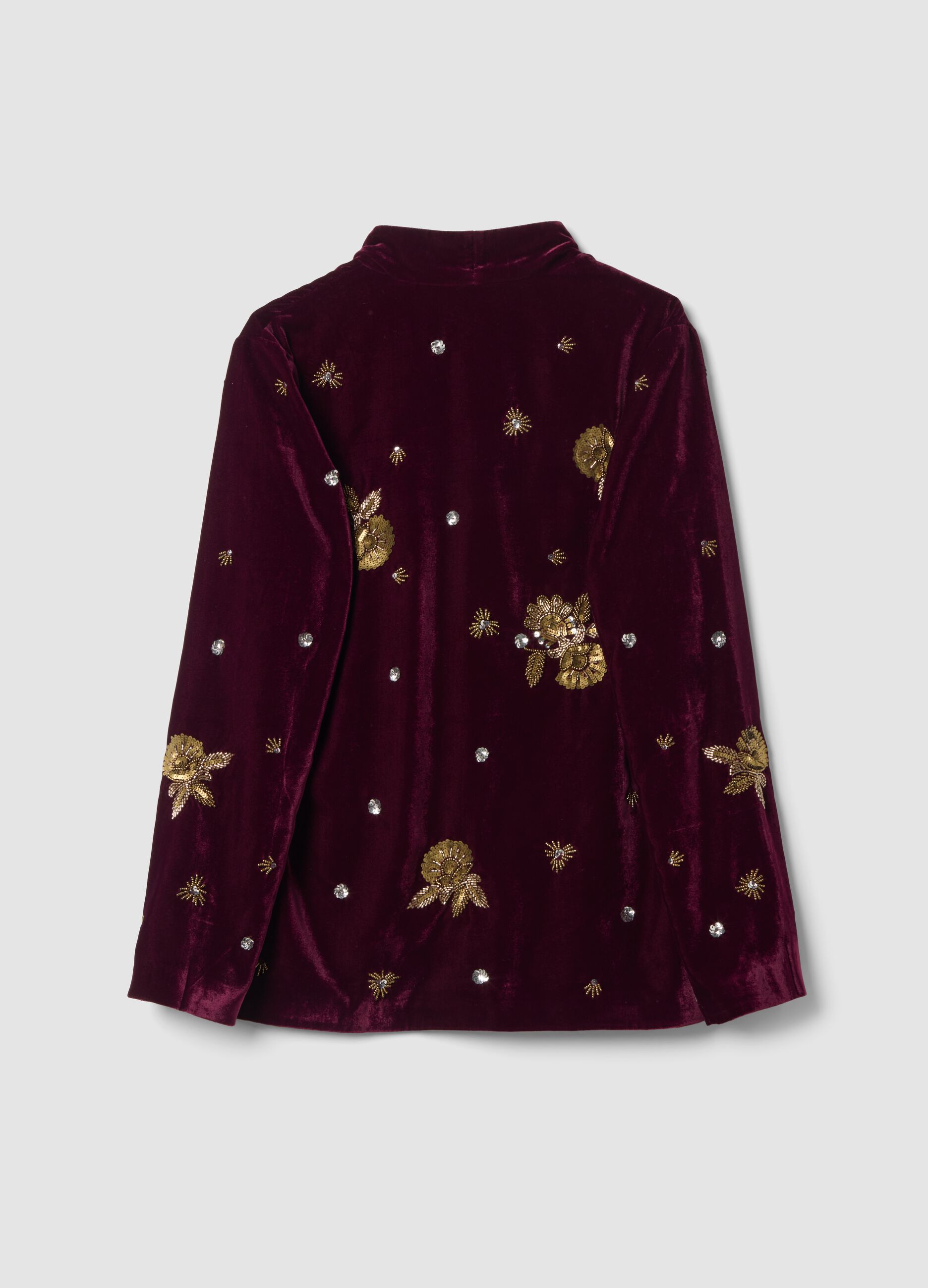 Red velvet regular-fit blazer with floral embroidery