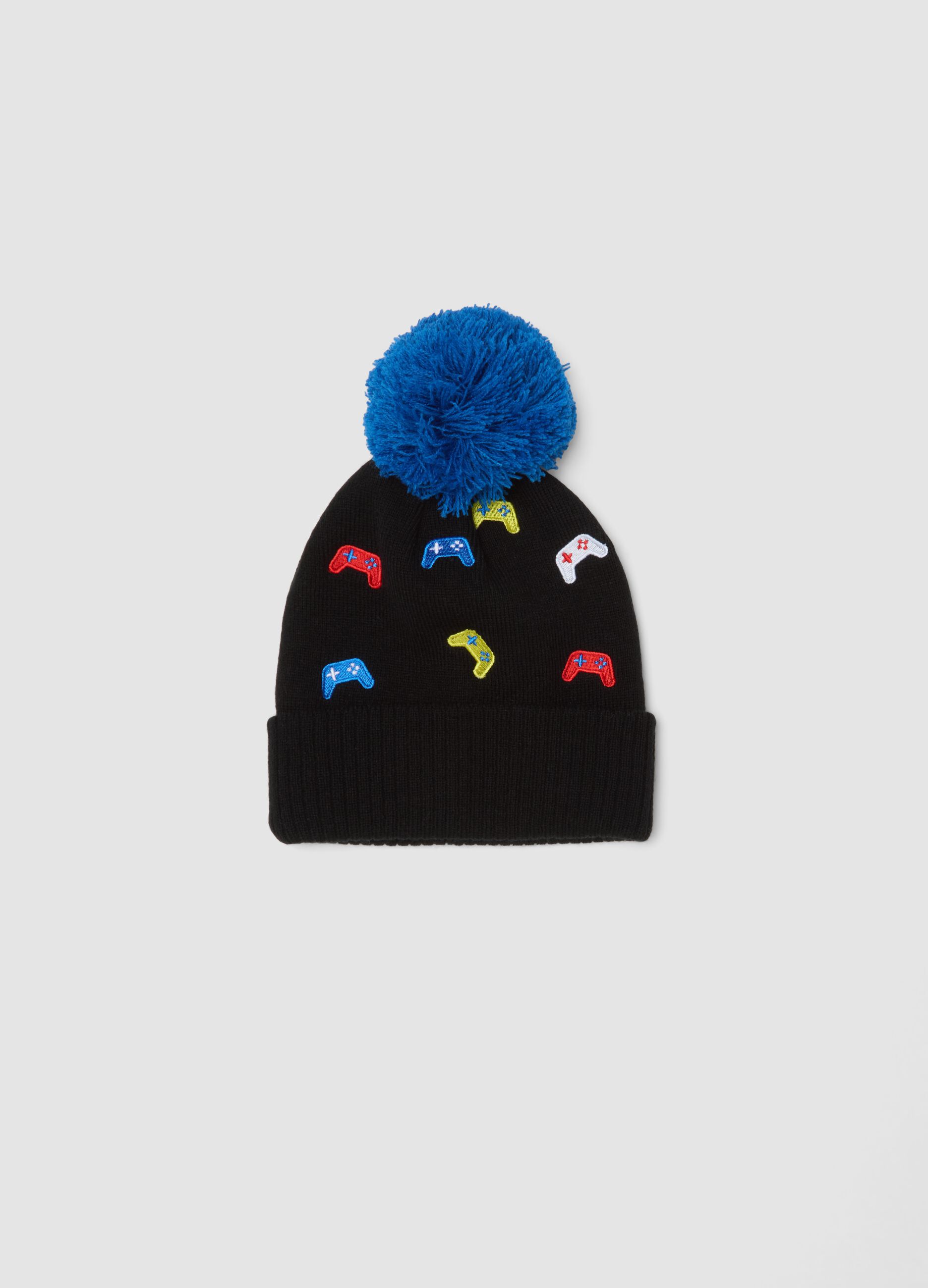 Black hat with blue pompom