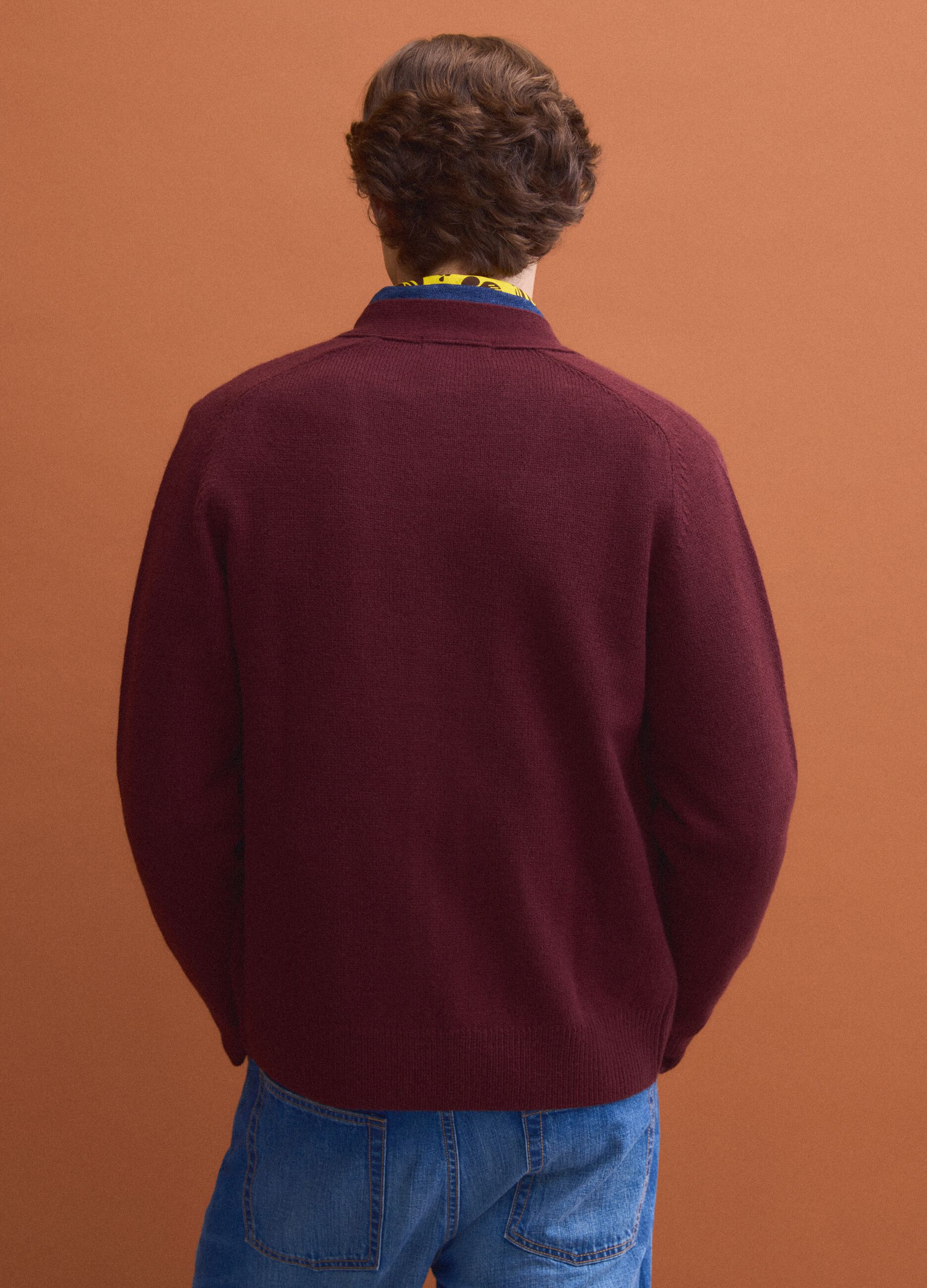 Red wool-blend cardigan with deep V-neck