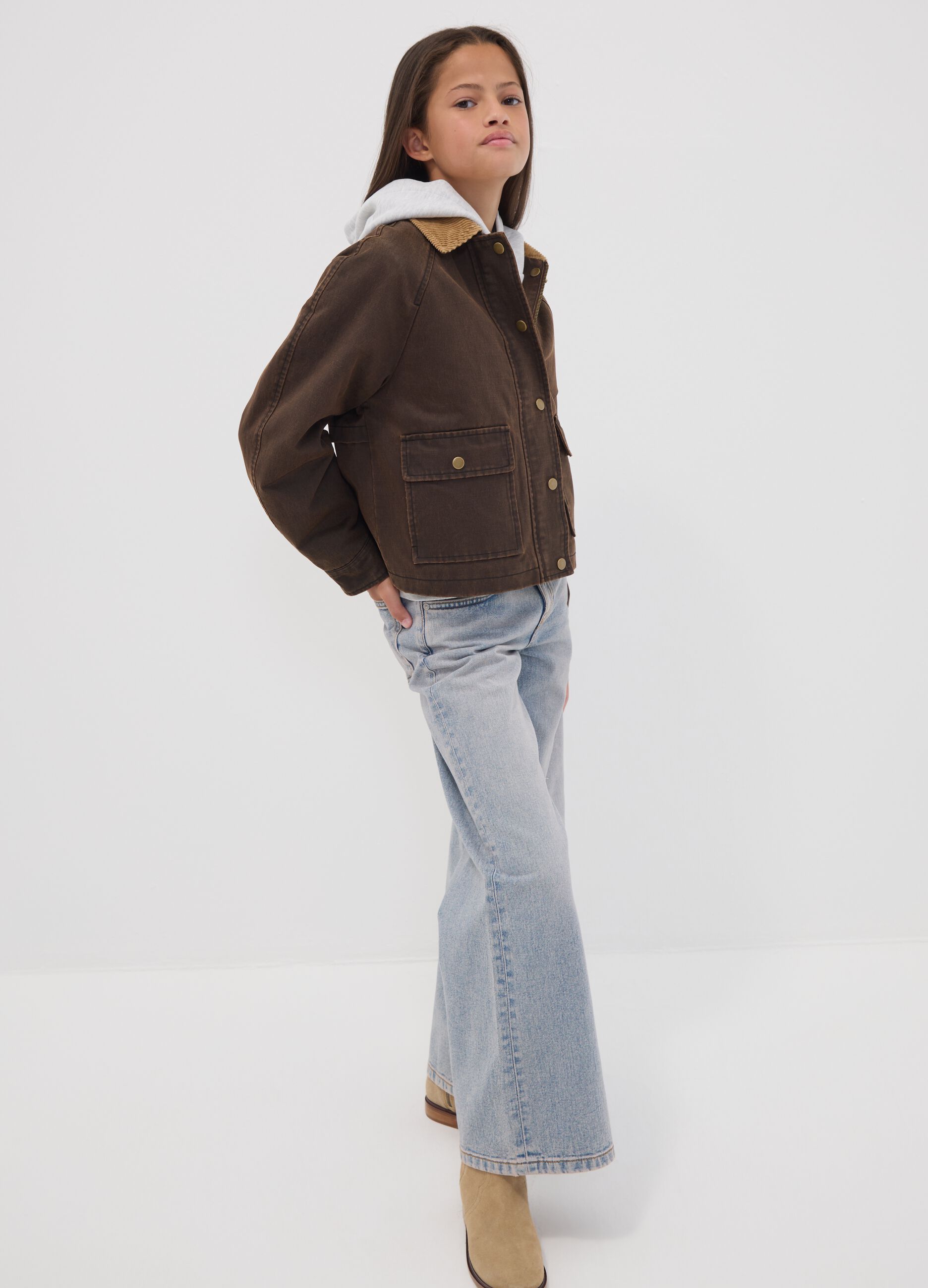 Brown cotton-blend jacket with contrast collar for girls
