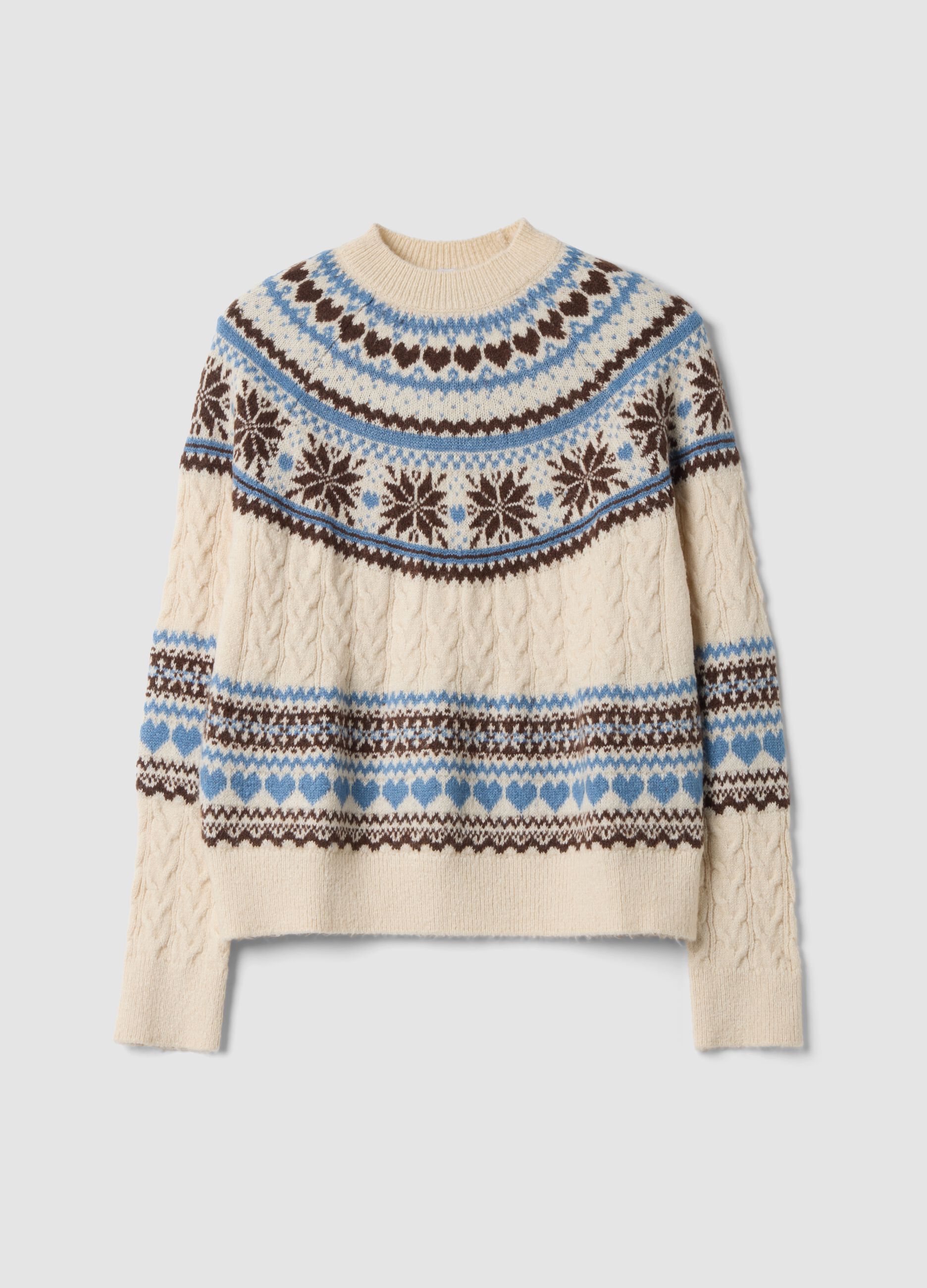 Beige jacquard crew-neck oversized jumper