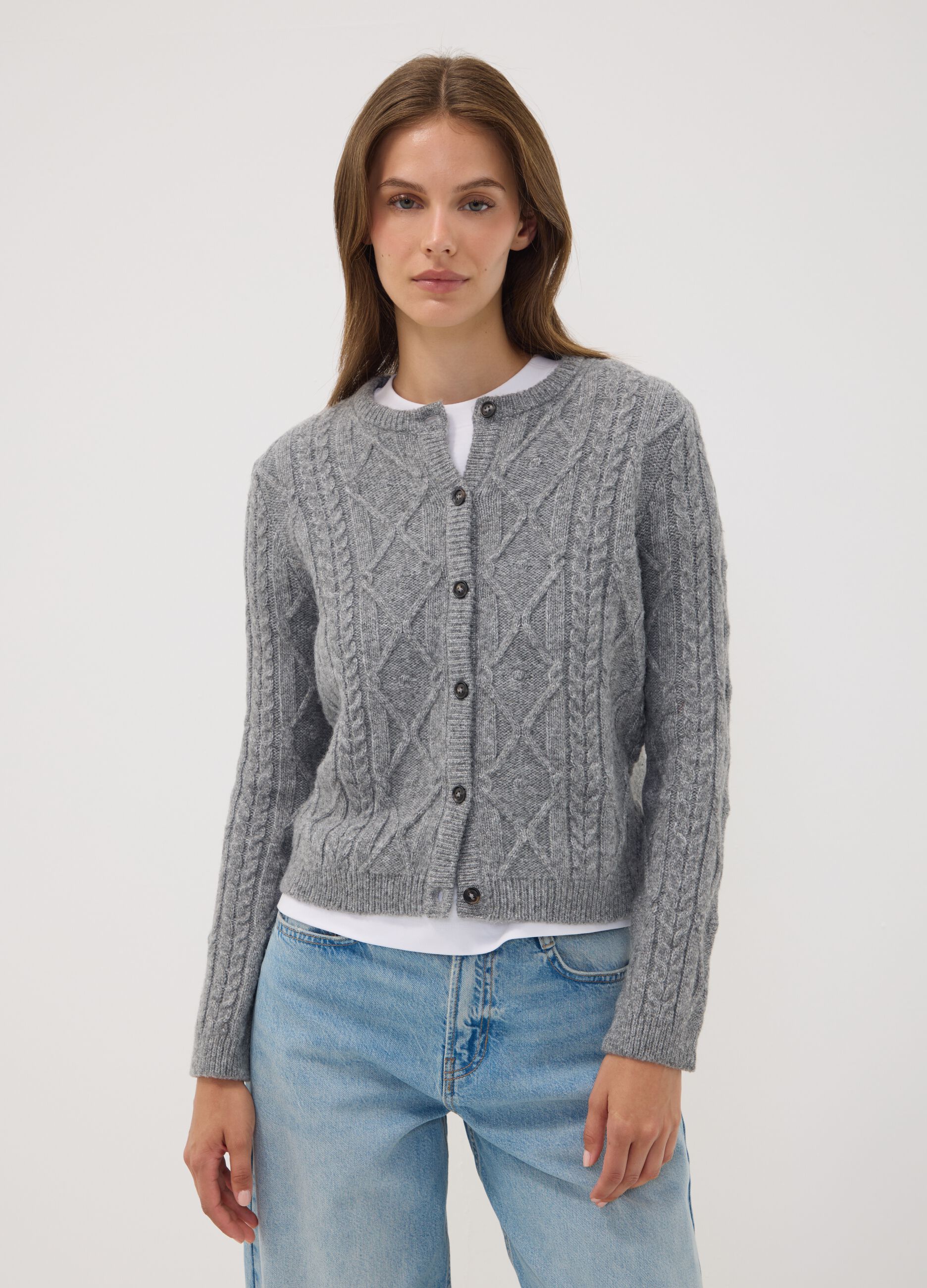 Grey cable-knit wool-blend cardigan