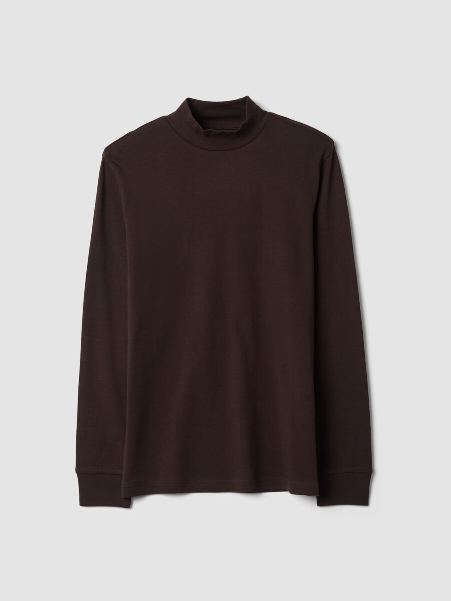 Brown pure-cotton T-shirt with structured high neck_0