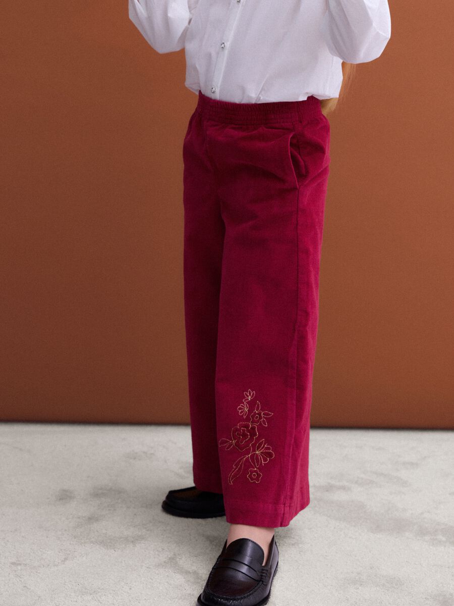 Red velvet wide-leg trousers in stretch cotton with floral embroidery_0