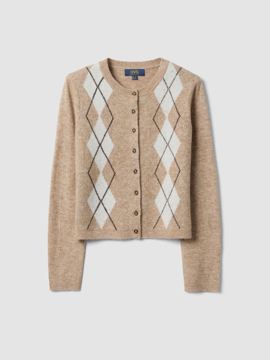 Beige jacquard stretch wool crew-neck cardigan, regular fit_4