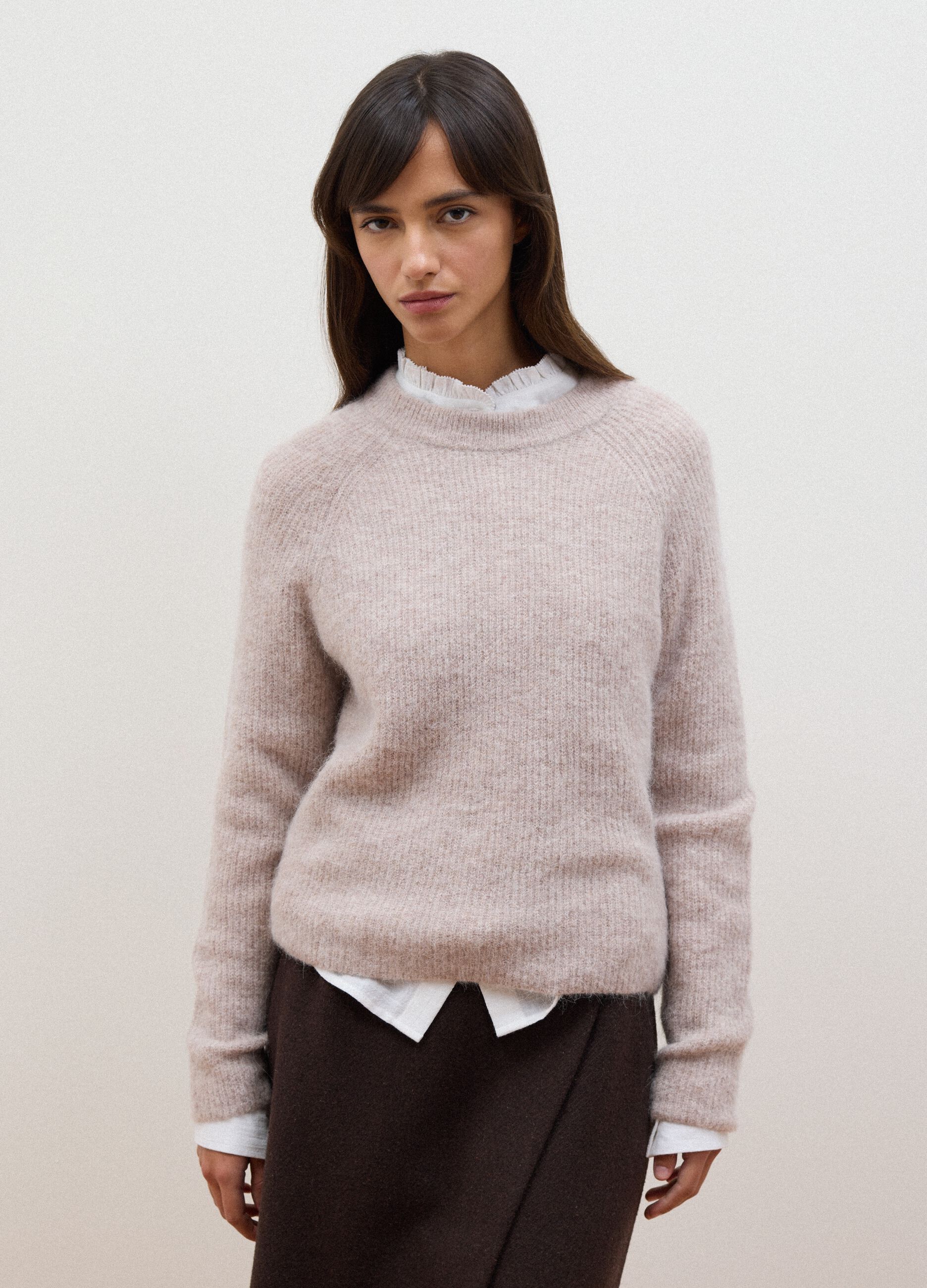 Beige alpaca and wool blend crew-neck jumper