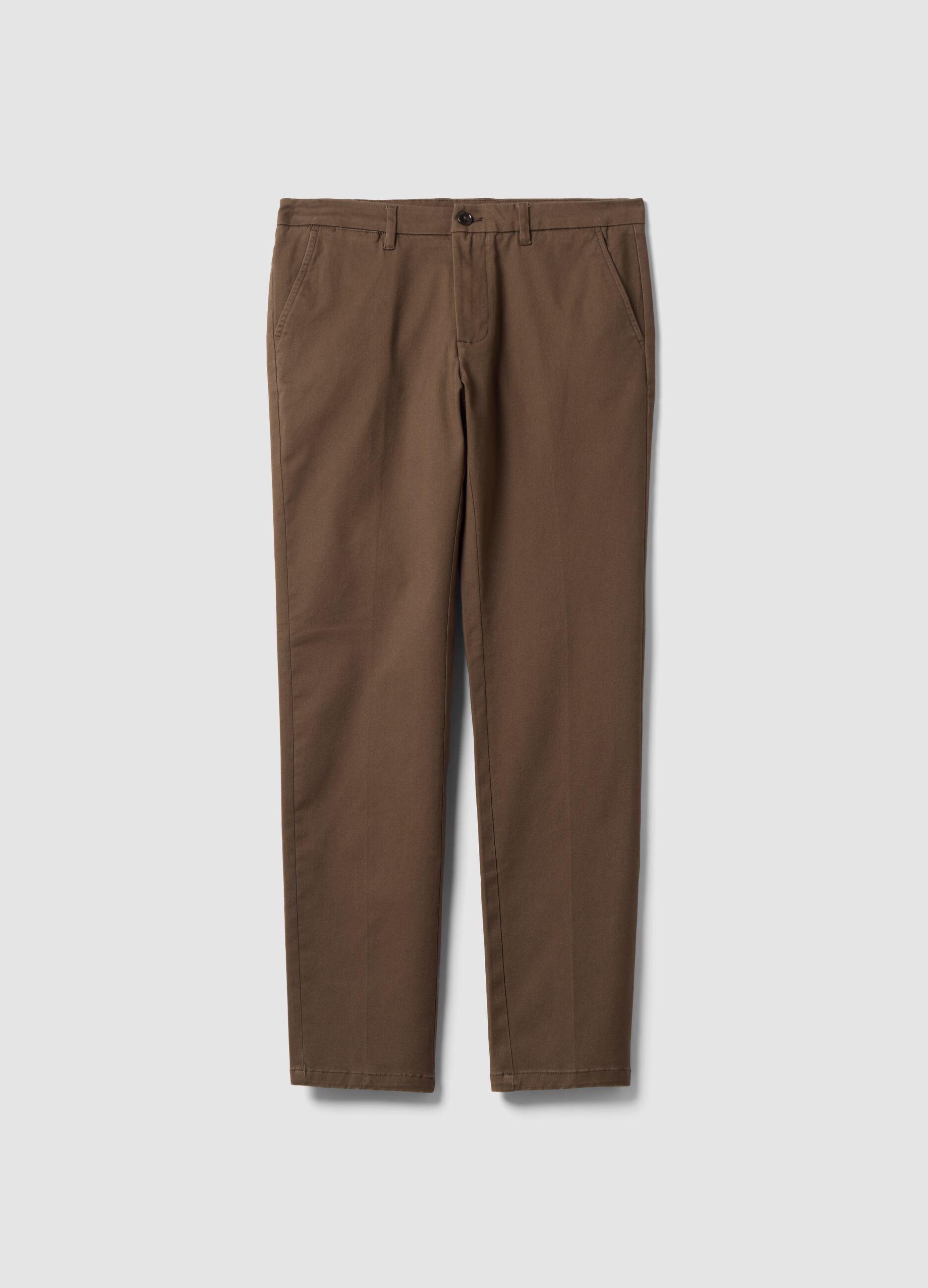 Men's brown slim-fit stretch cotton twill chino trousers