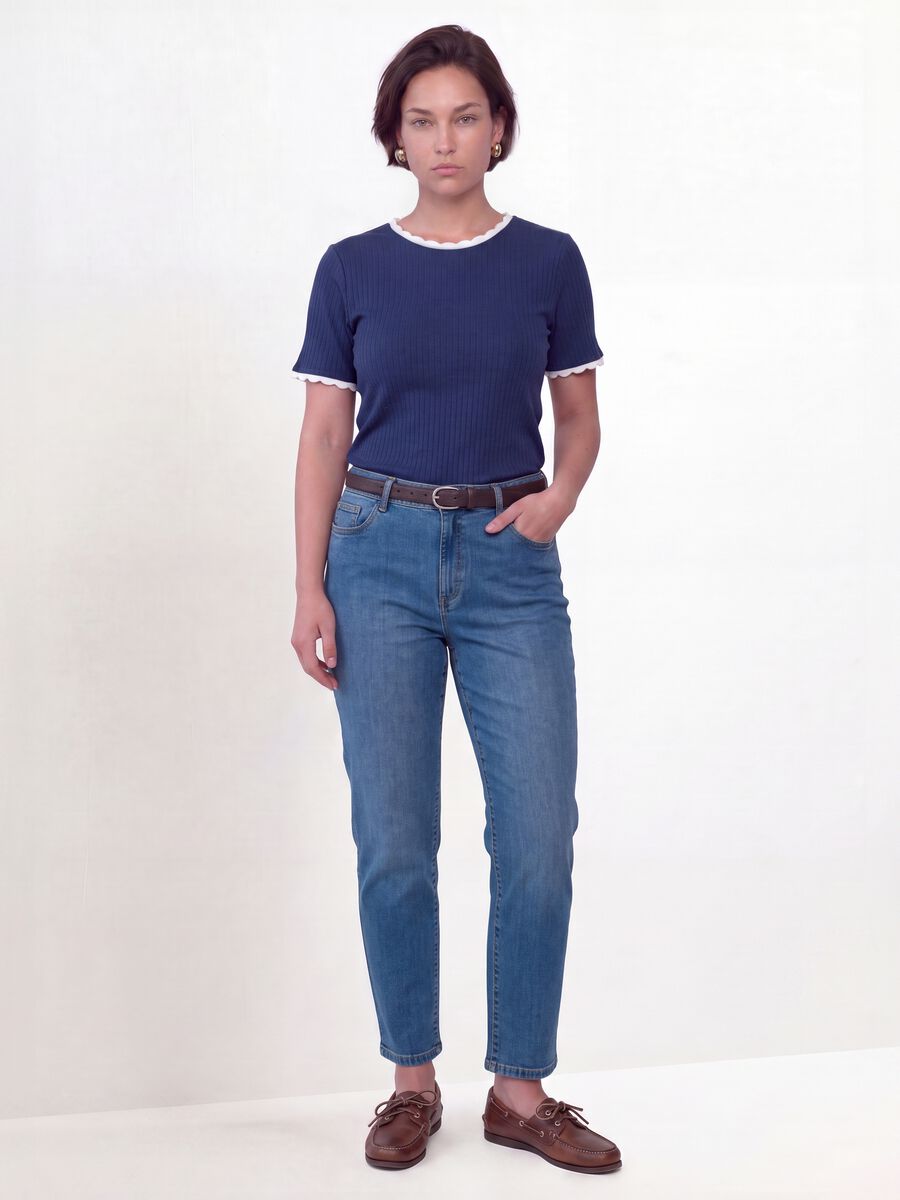 Blue stretch viscose crew-neck T-shirt with contrast trim_2