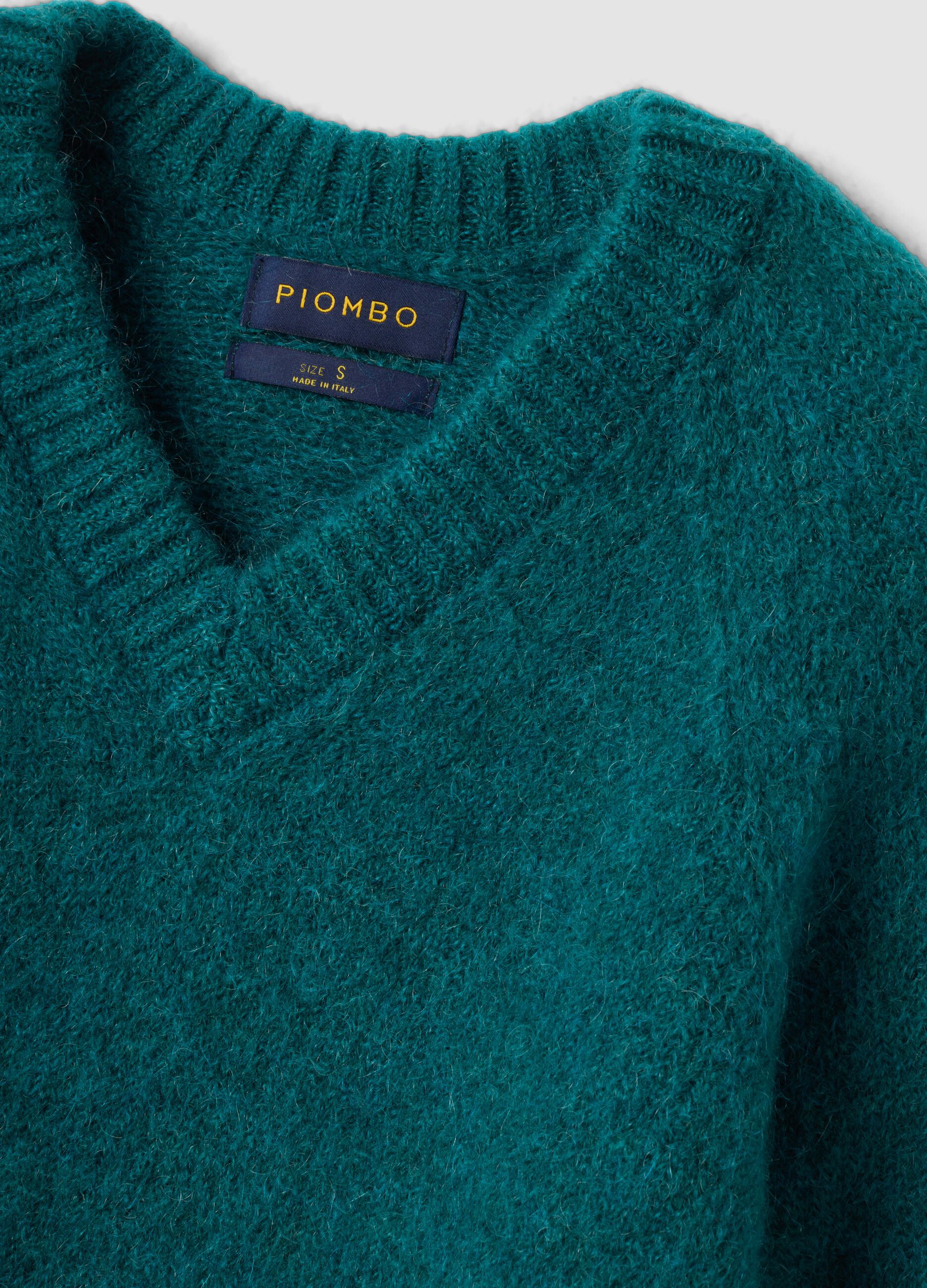 Oversized teal-green V-neck jumper in stretch mohair and merino wool
