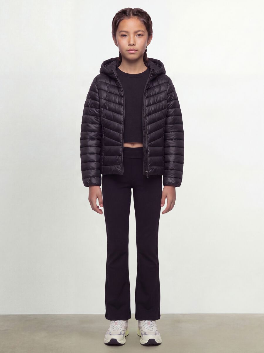 Black Ultralight padded jacket with hood and zip for girls_1