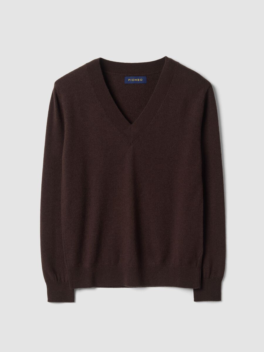 Brown pure wool jumper with deep V-neck_0