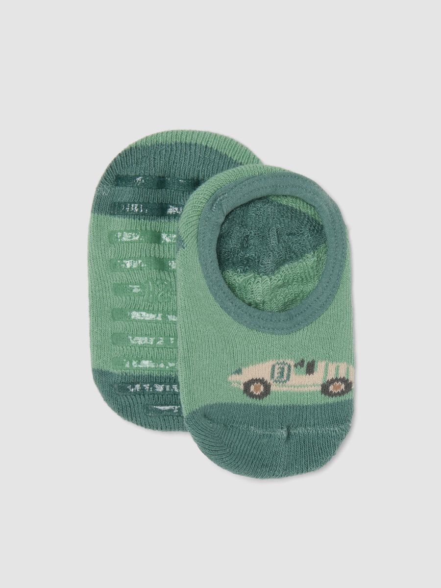 Green non-slip socks in organic stretch cotton with little car_0