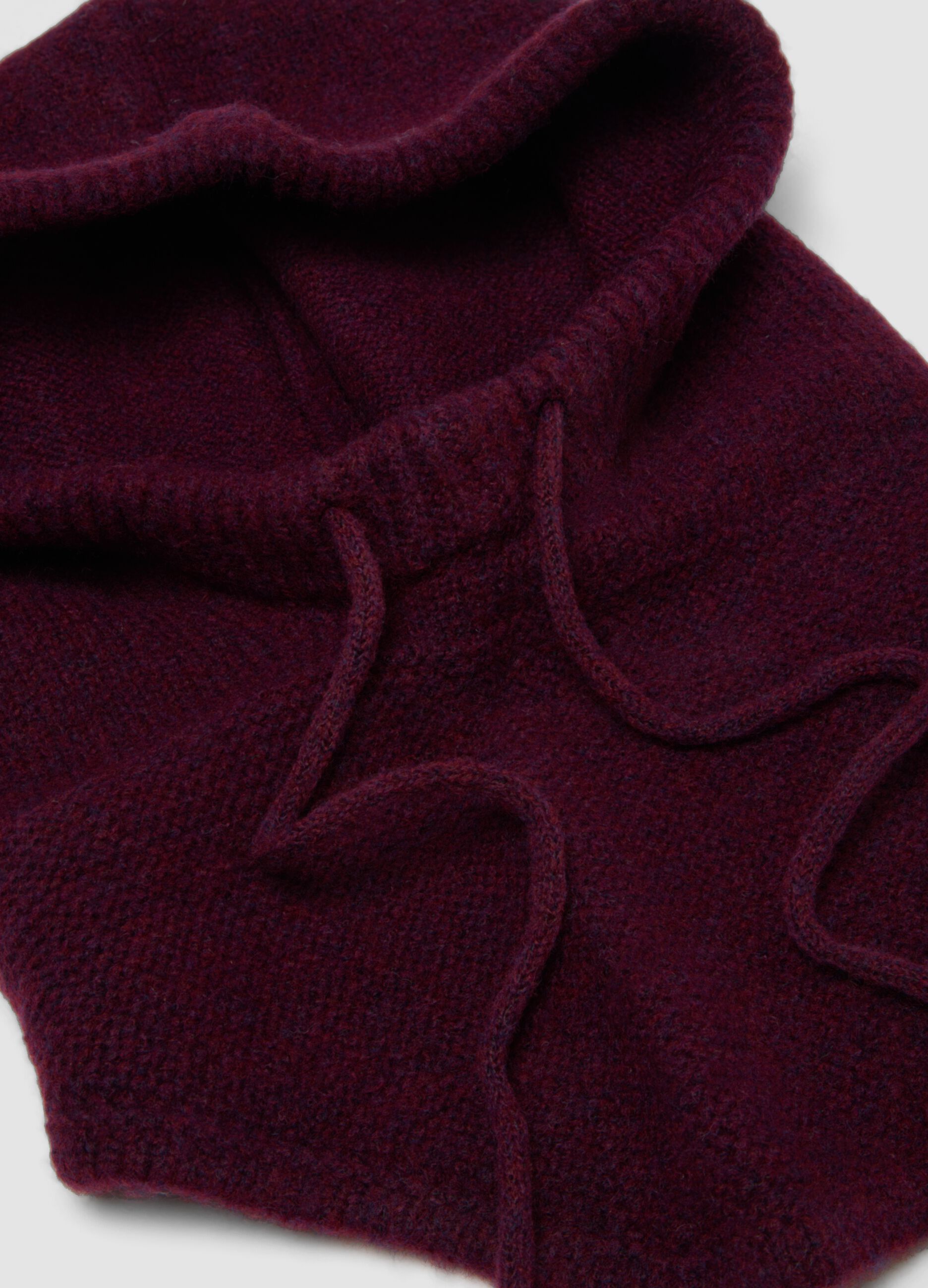 Burgundy stretch wool hood with tie cords