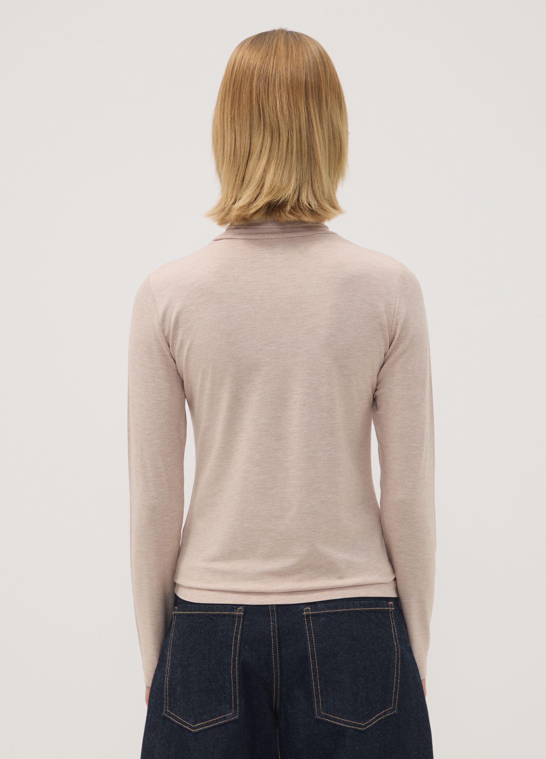 Beige stretch viscose top with mock neck, regular fit