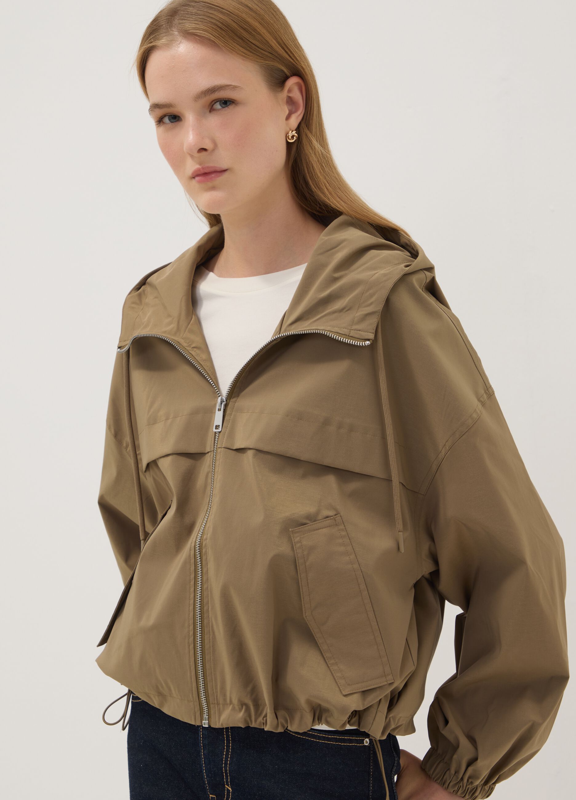 Beige hooded jacket with zip