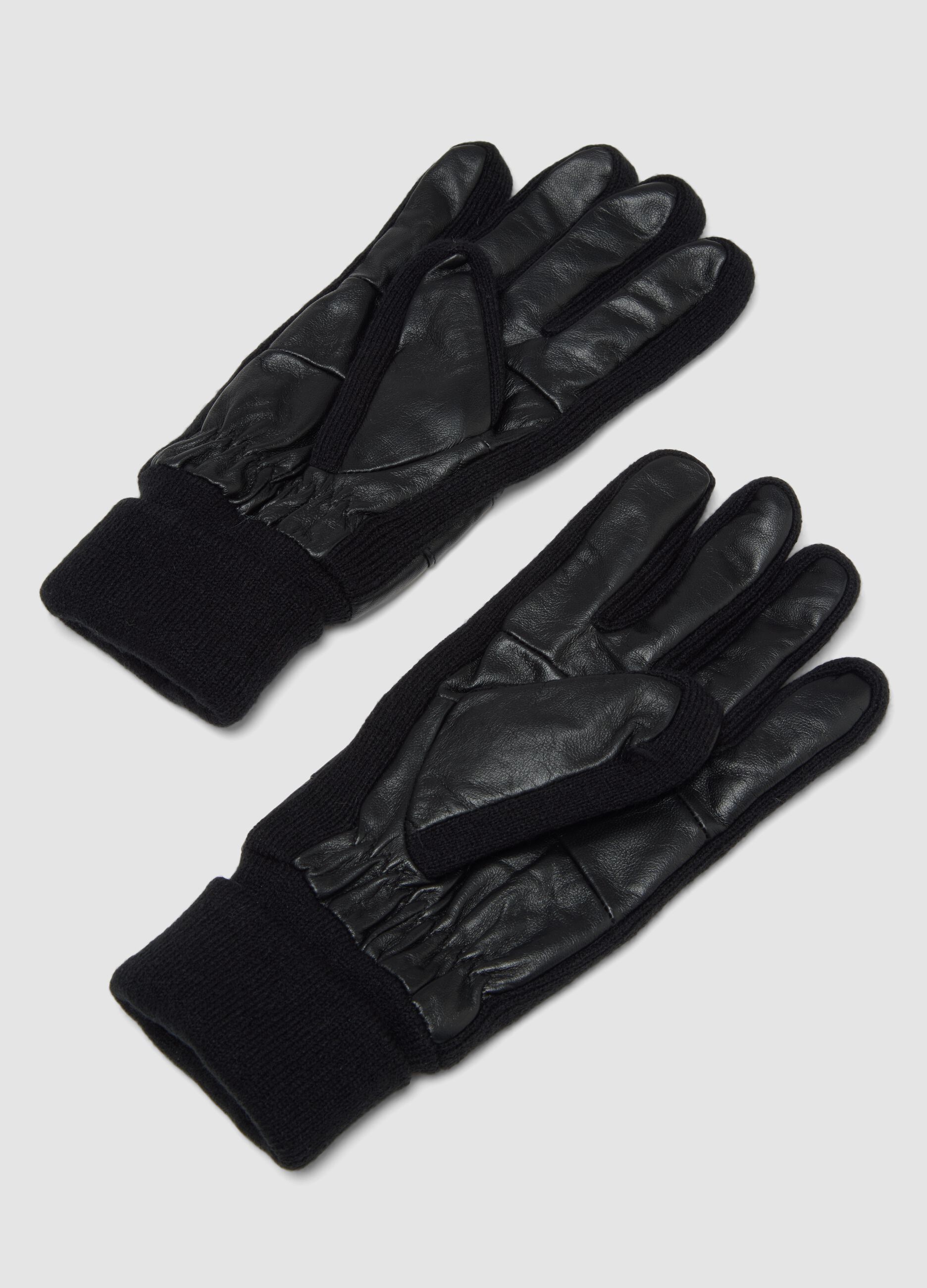 Black genuine lambskin gloves with knitted cuffs