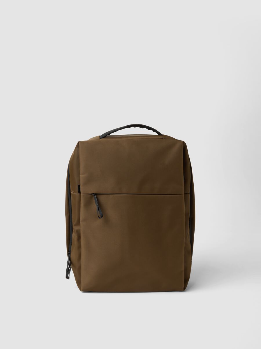 Brown water-repellent backpack with front pocket and padded shoulder straps_0