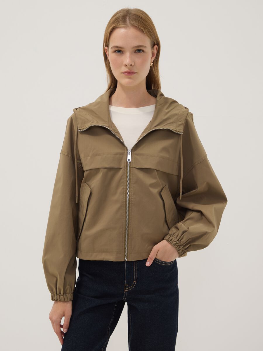 Beige hooded jacket with zip_0