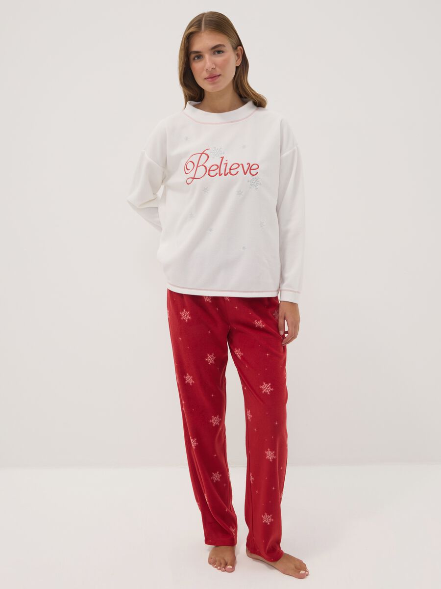 White fleece crew-neck regular-fit printed pyjamas_0