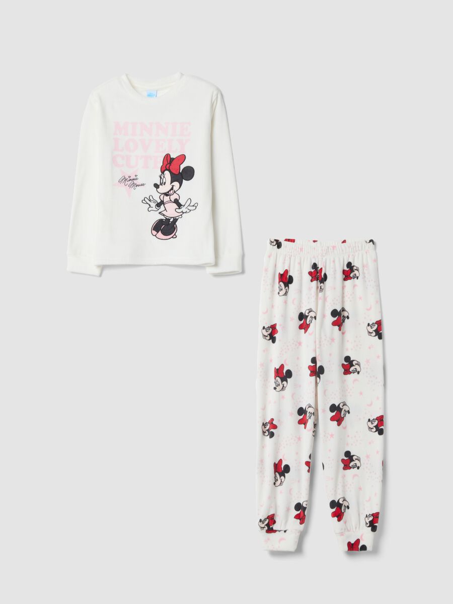 White stretch fabric Minnie print pyjamas with crew neck_0