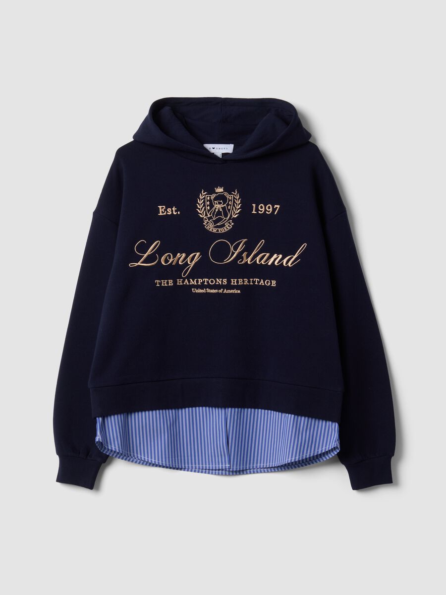 Blue cotton-blend hoodie with layered shirt-effect hem_0