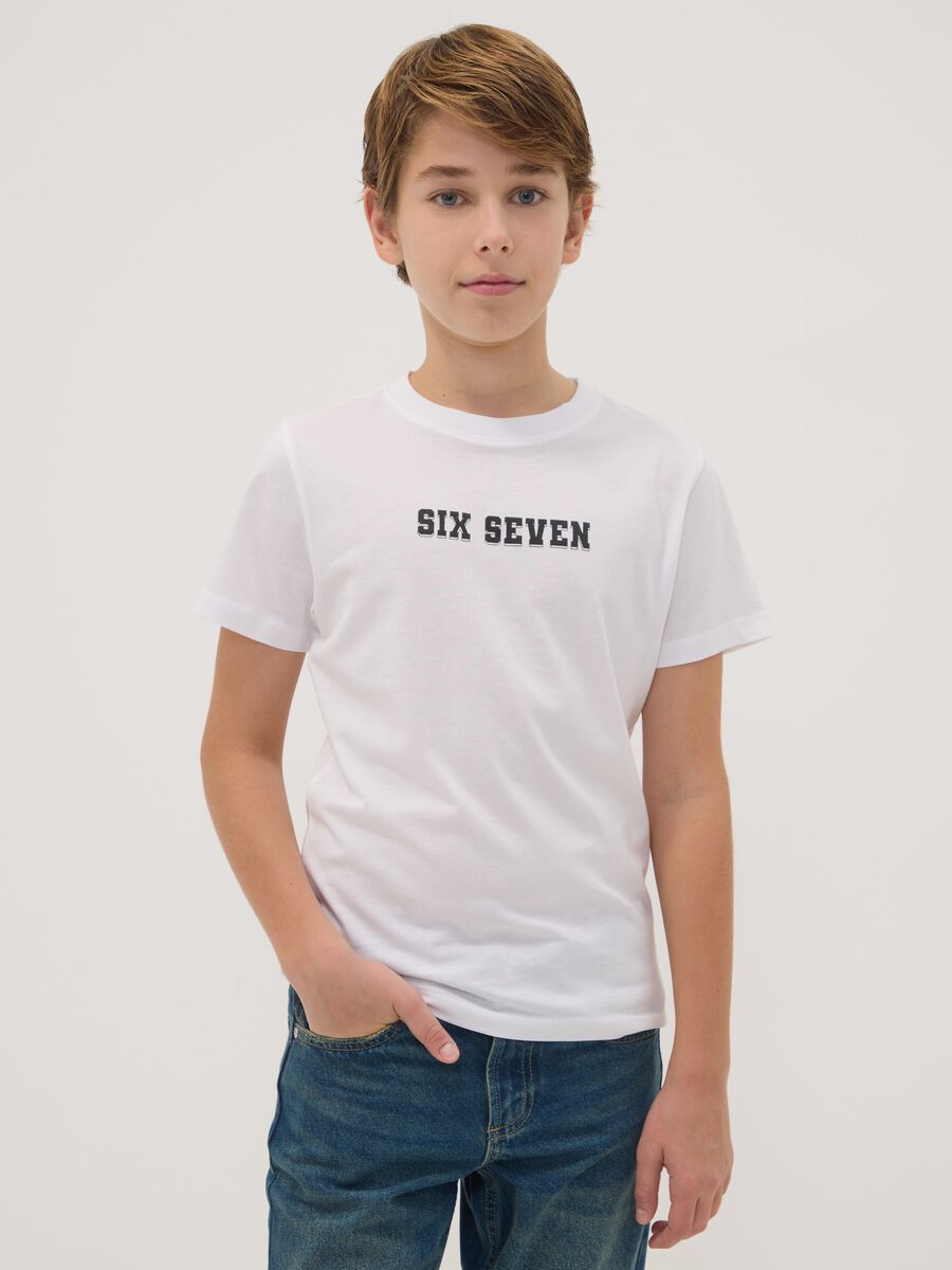 White pure cotton T-shirt with Six Seven prints, regular fit_0