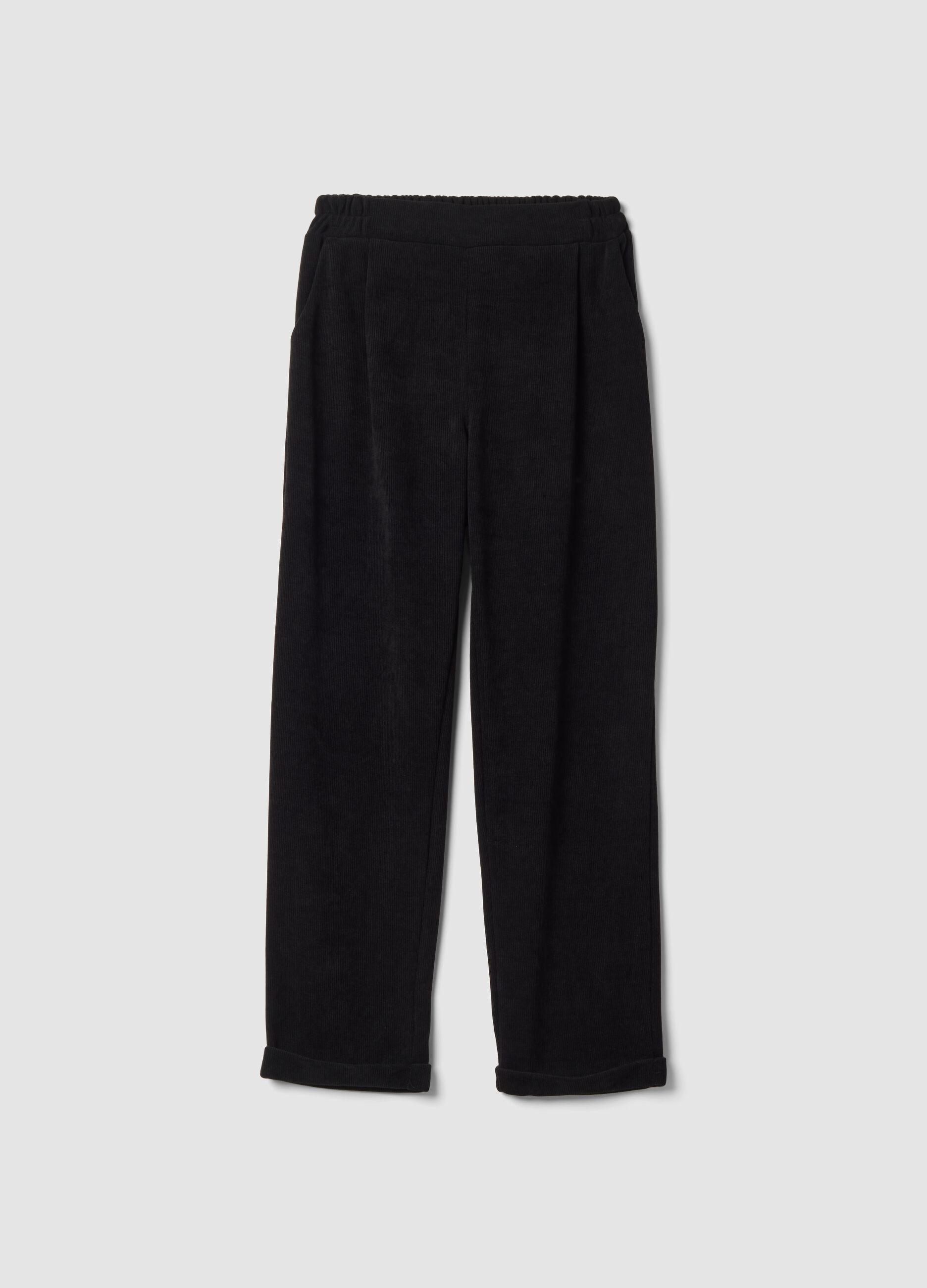 Black ribbed stretch-fabric trousers, regular fit