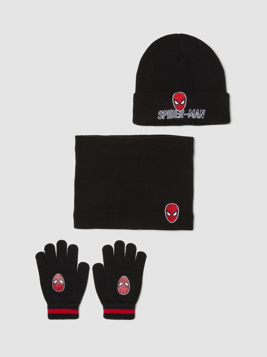 Black Spider-Man hat, neck warmer and gloves set_0