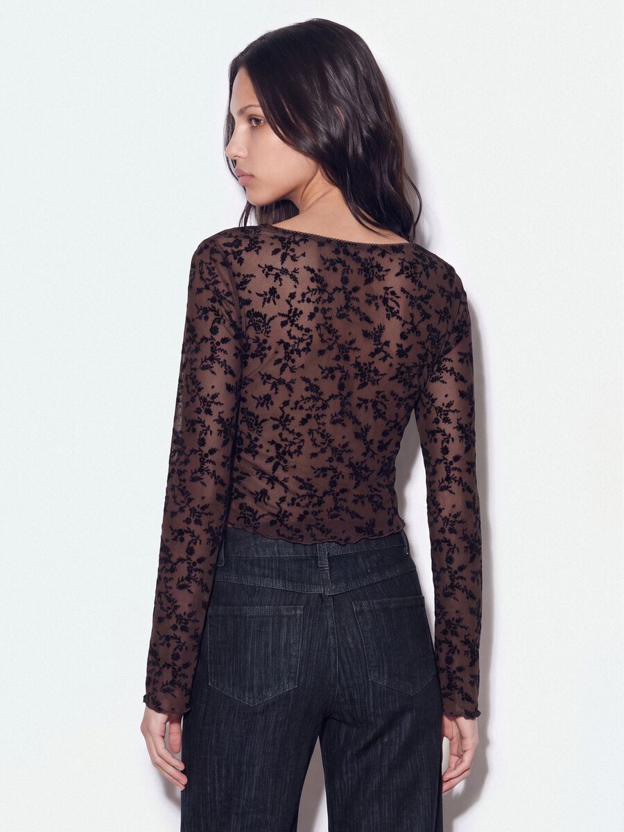 Brown stretch T-shirt with flocked floral print_3