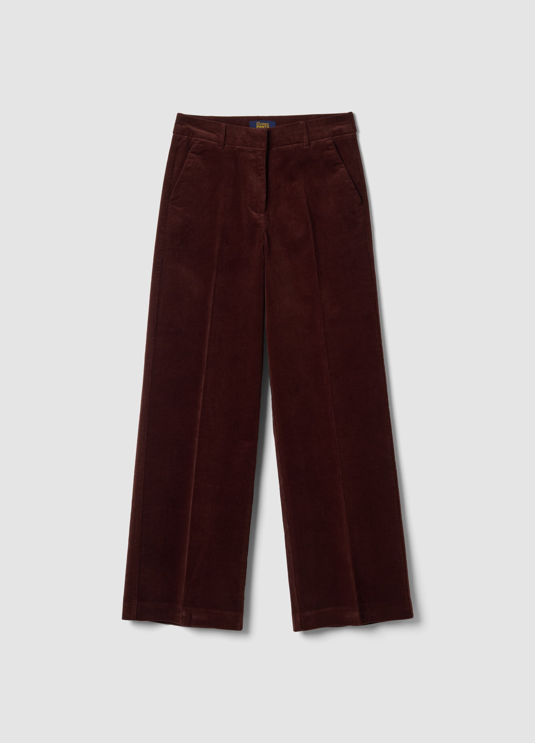 بنطال The Iconic Pants بني من قطن مطاطي مضلّع بقصّة مستقيمة