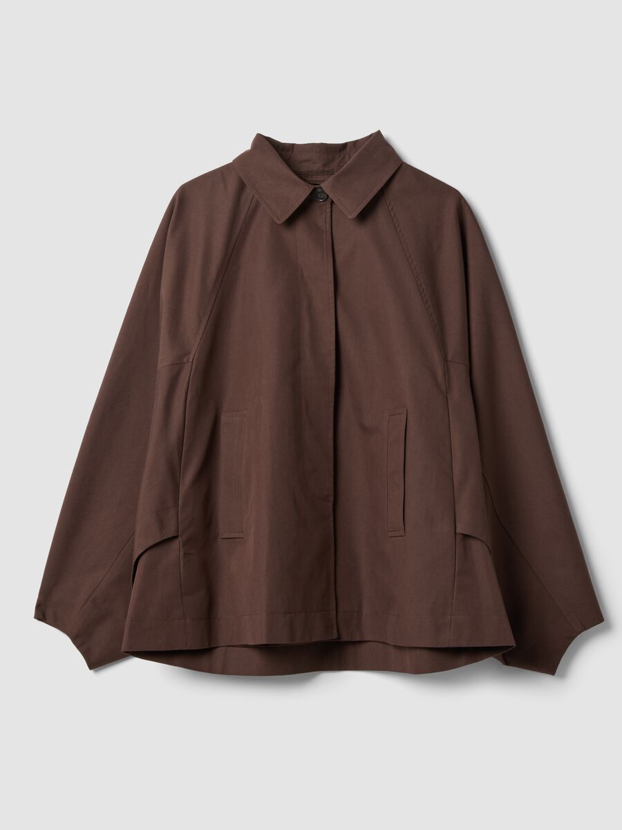 Short brown cotton-blend trench coat with shirt collar_0