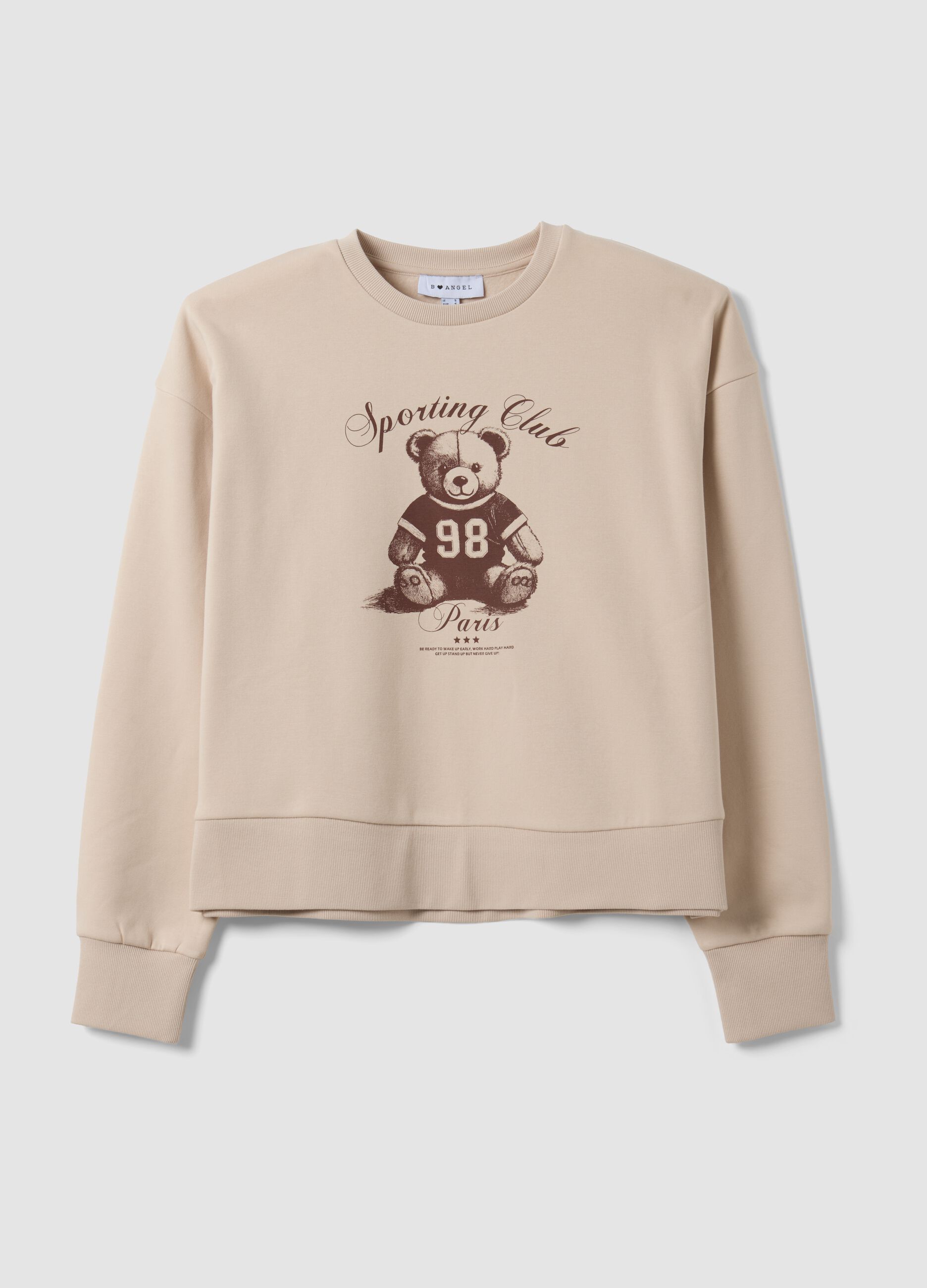 Beige cotton-blend crew-neck sweatshirt with teddy print