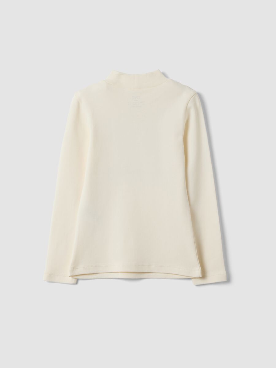 White pure organic cotton T-shirt with mock neck and animal print_1