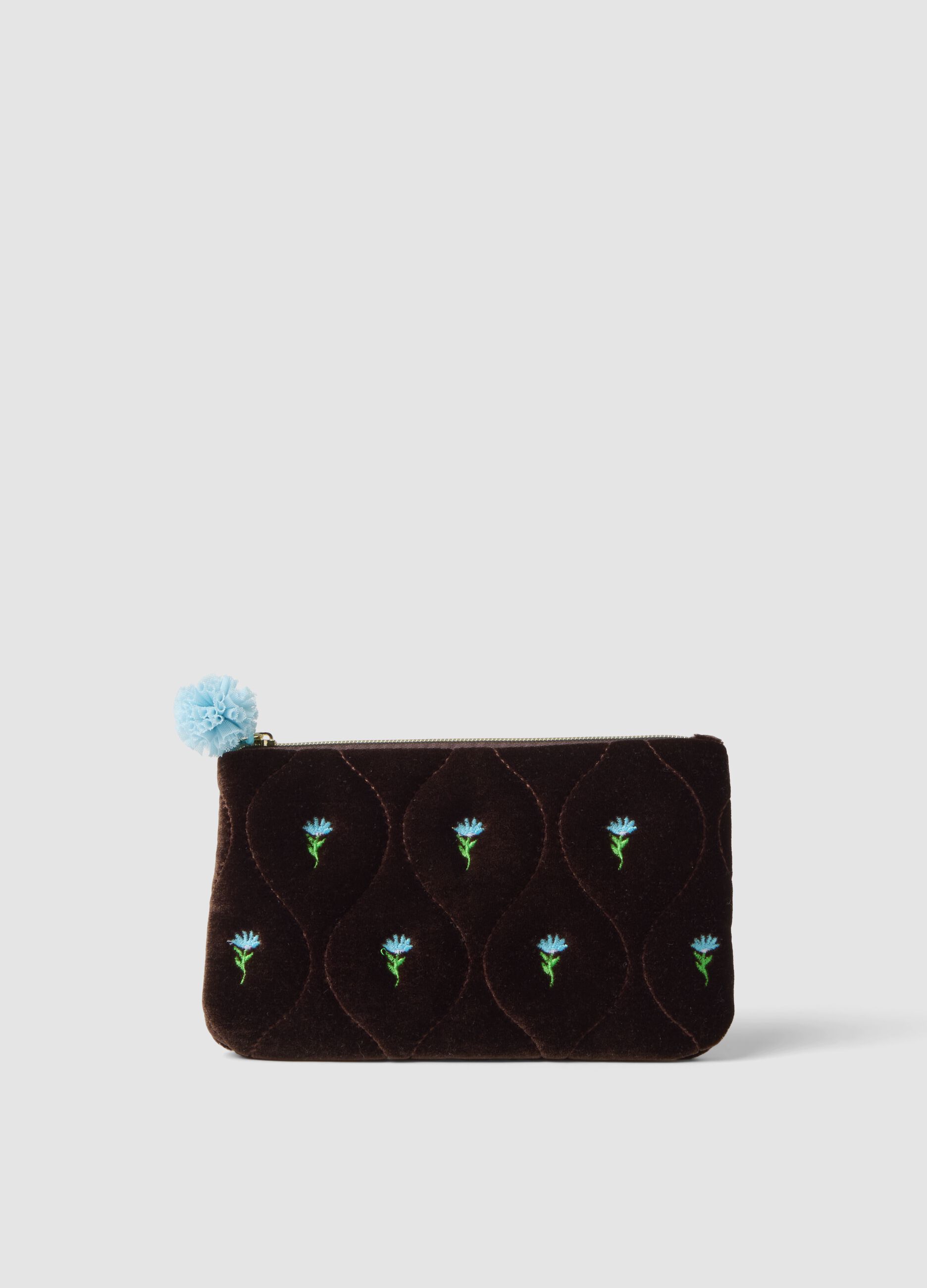 Brown and blue stretch-fabric pouch